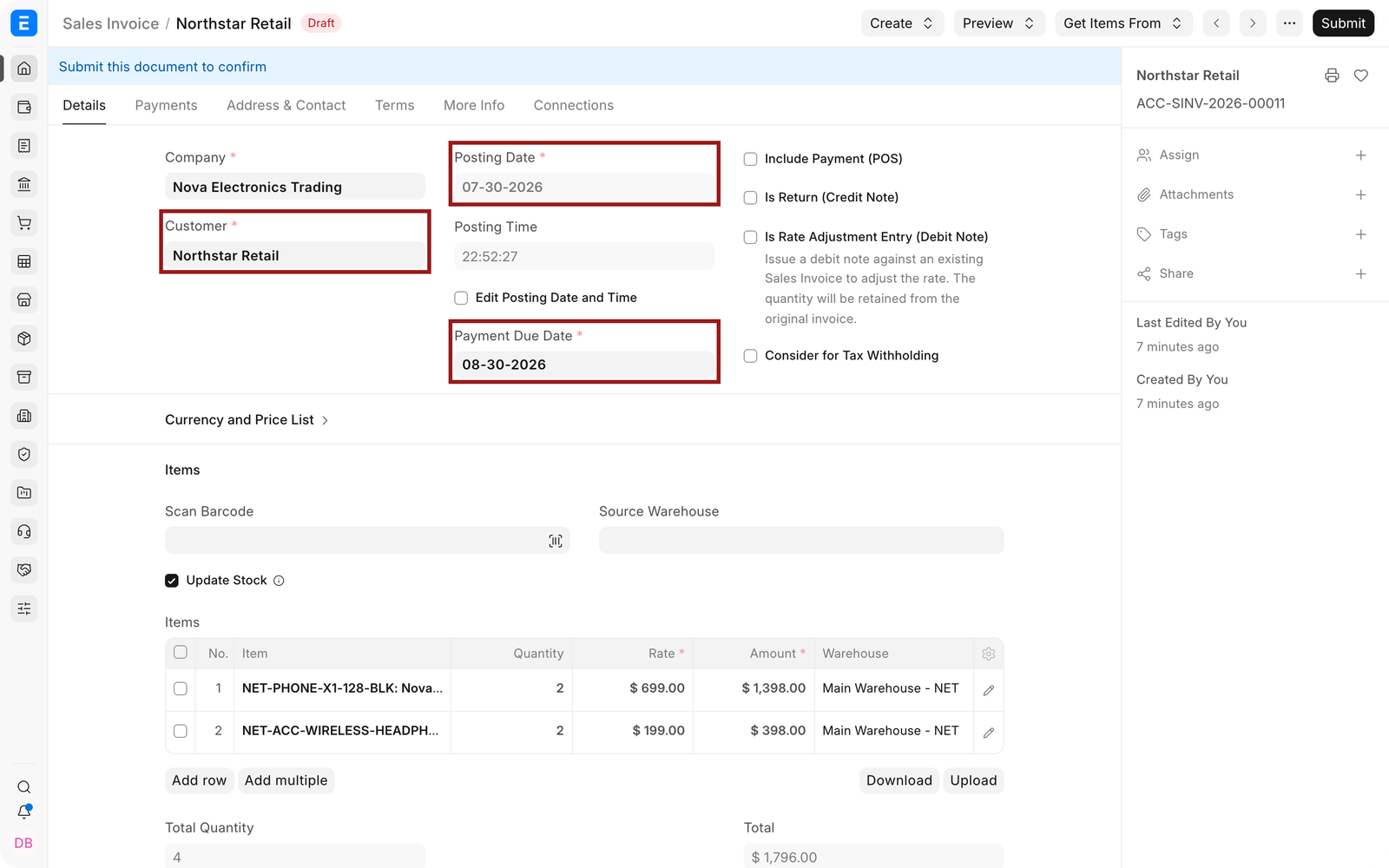 Customer, Posting Date, and Payment Due Date highlighted