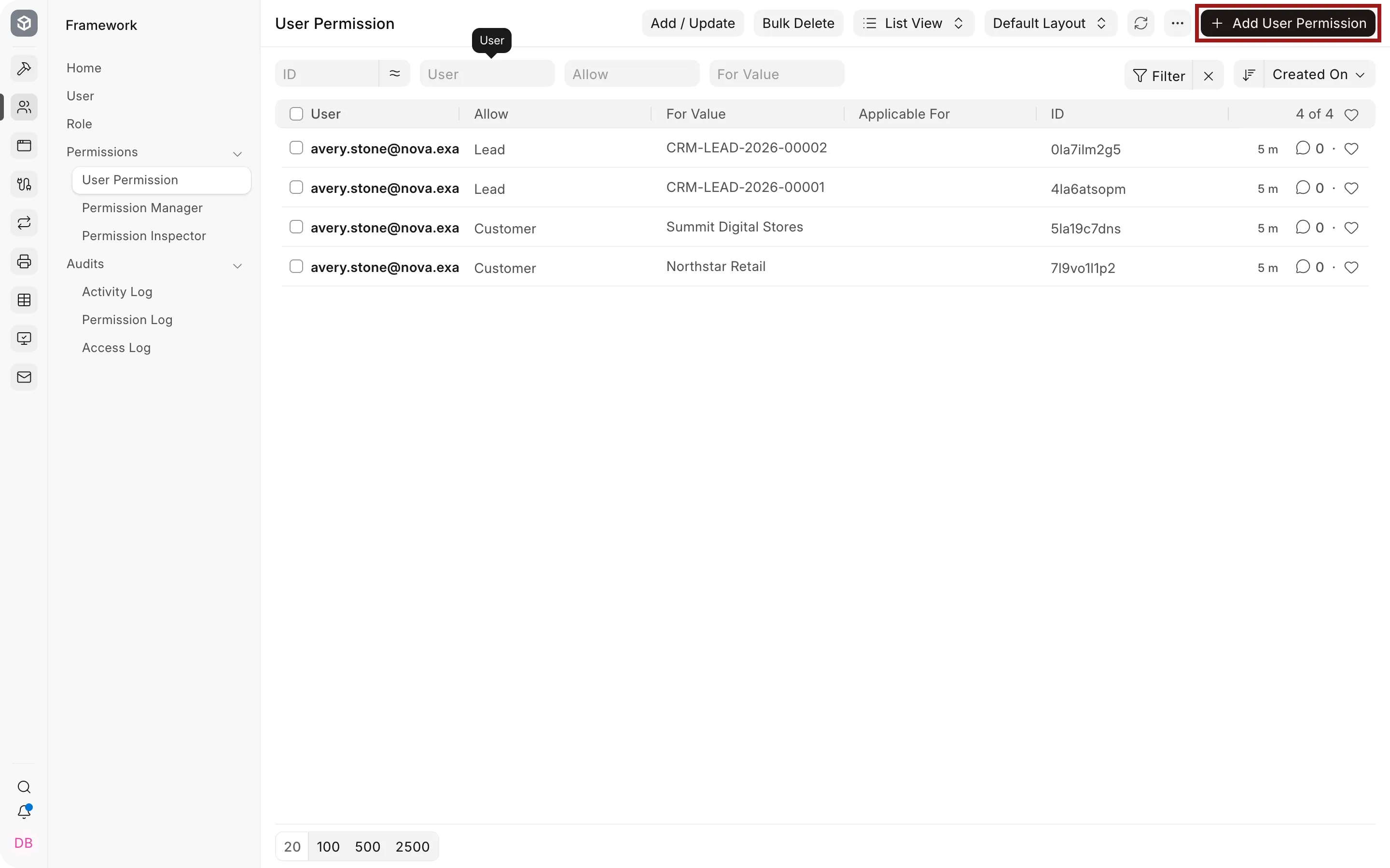 User Permission list with Add User Permission highlighted.