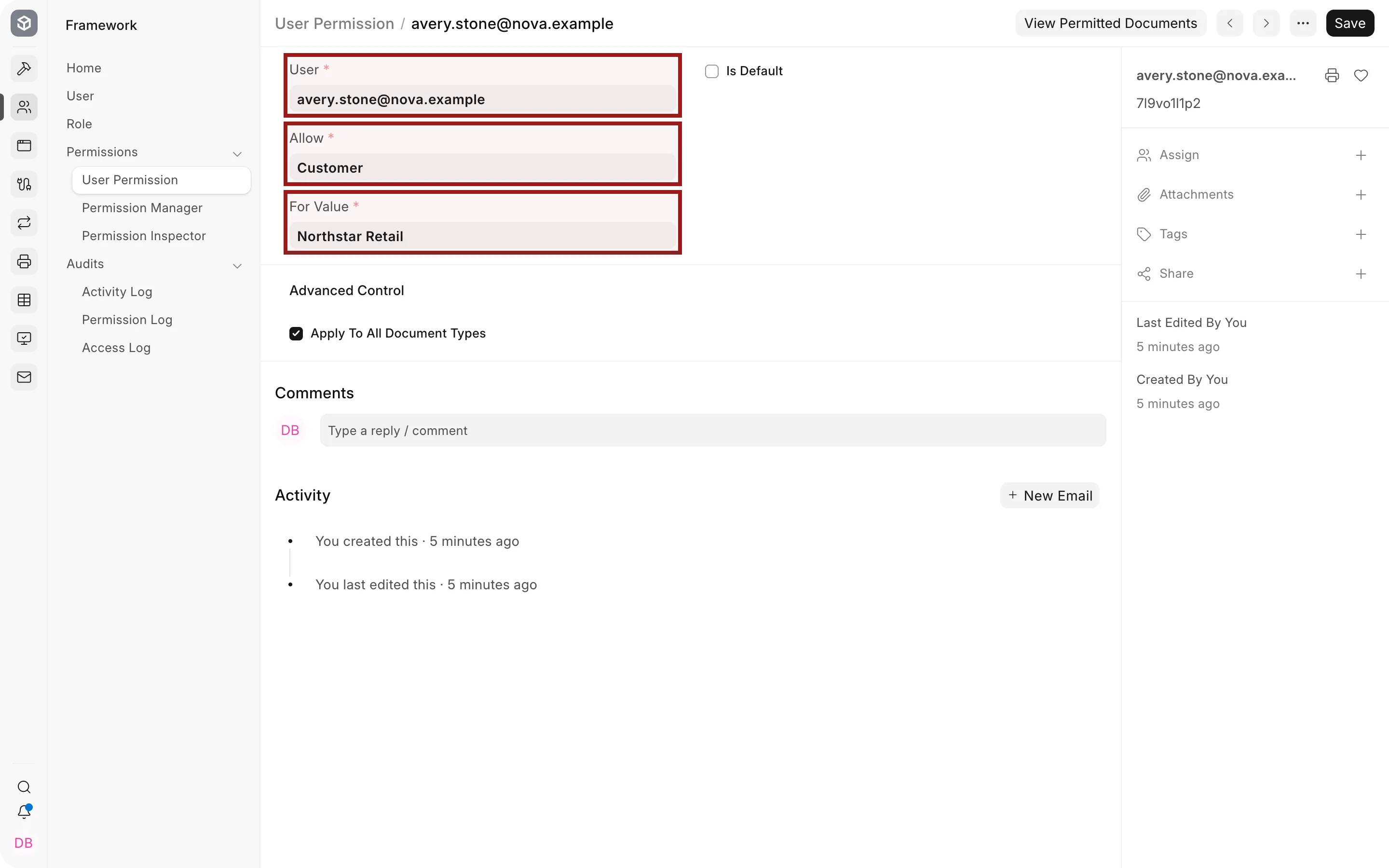 User Permission for Avery Stone allowing access to Northstar Retail, with User, Allow, and For Value highlighted.