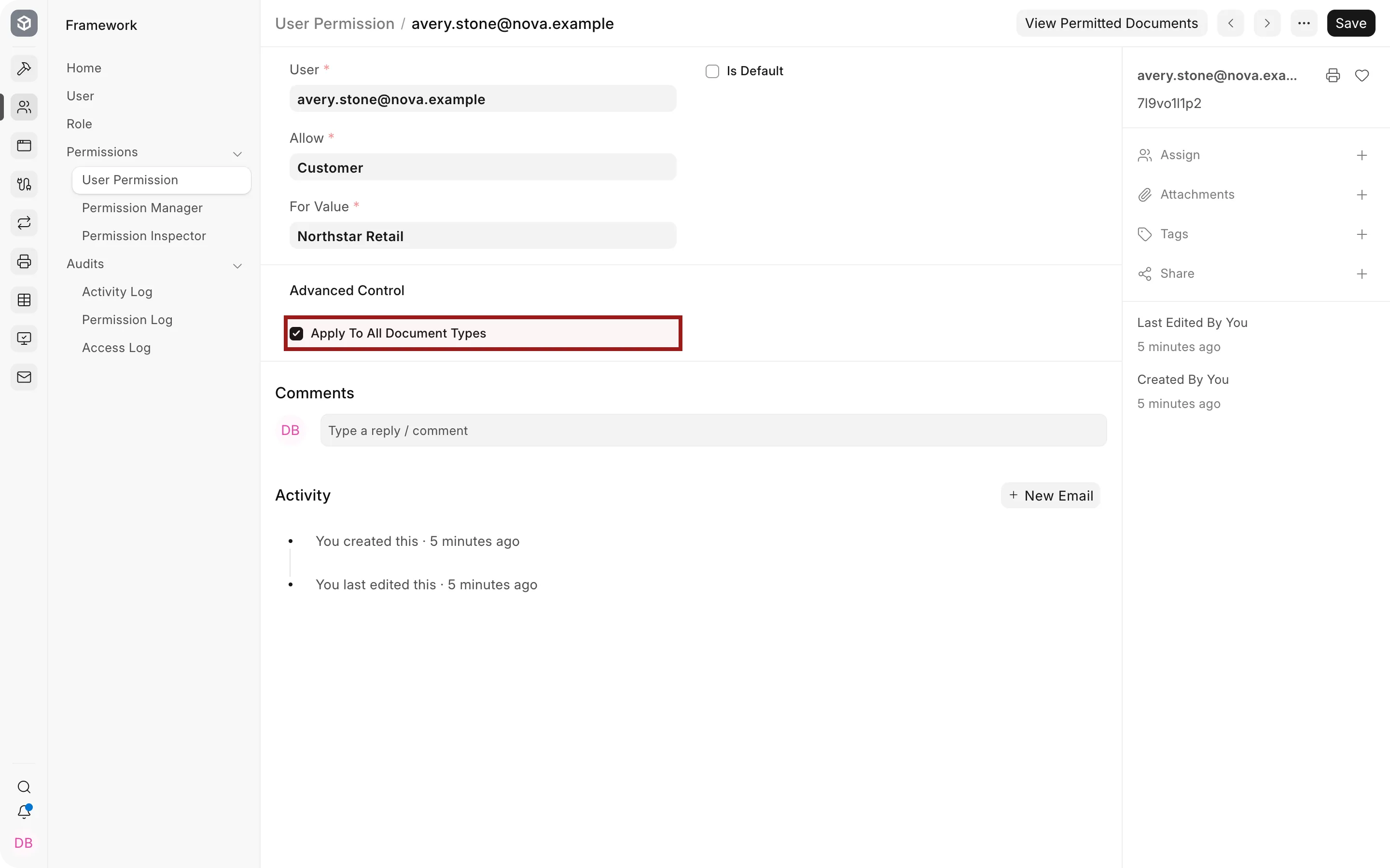 Apply To All Document Types highlighted on a Customer User Permission.