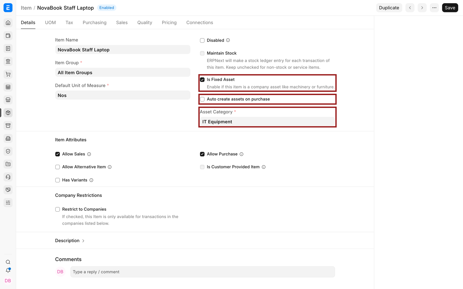 EnigmaERP Item marked as a fixed asset with an Asset Category