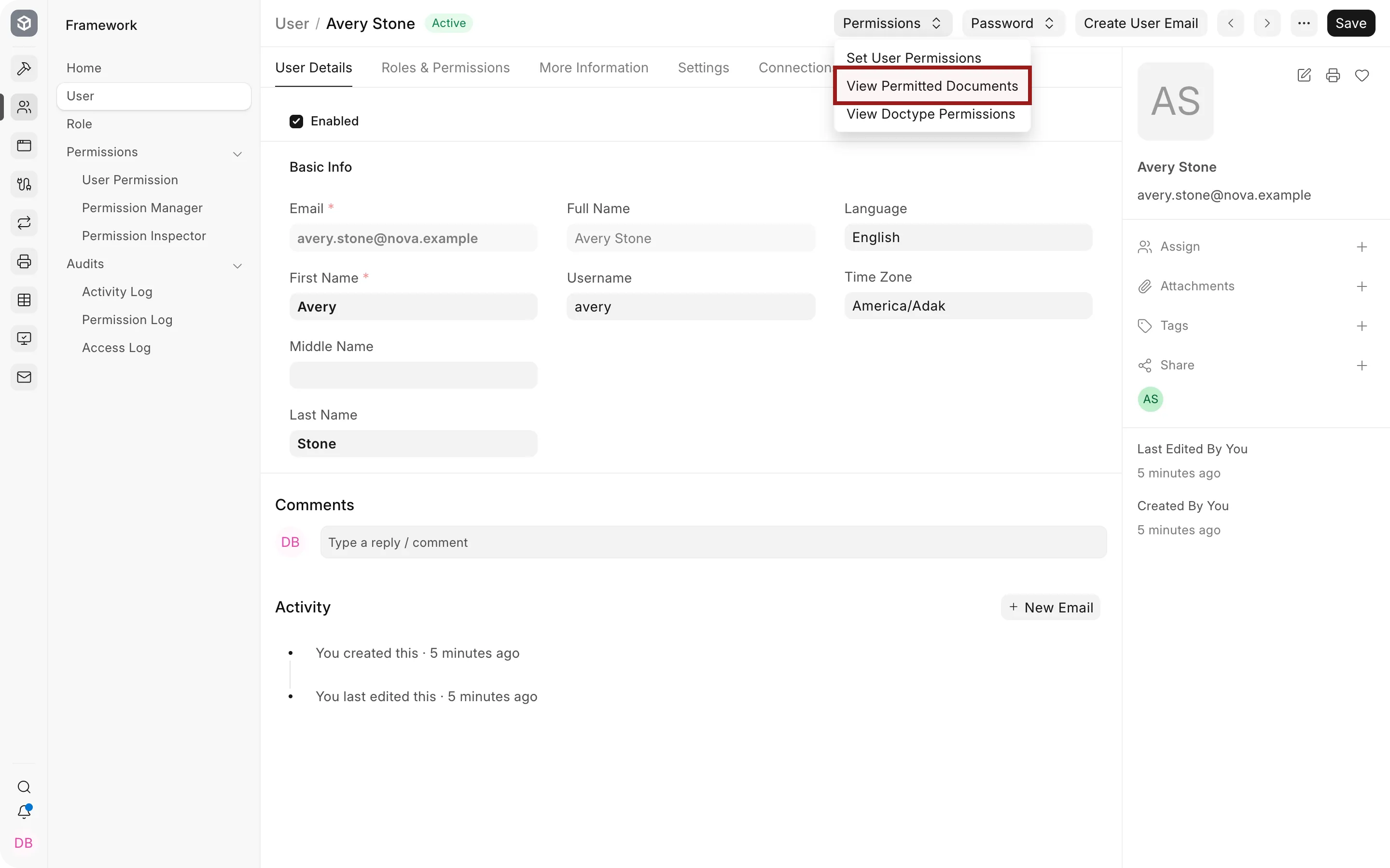 Permissions menu with View Permitted Documents highlighted on the Avery Stone User form.
