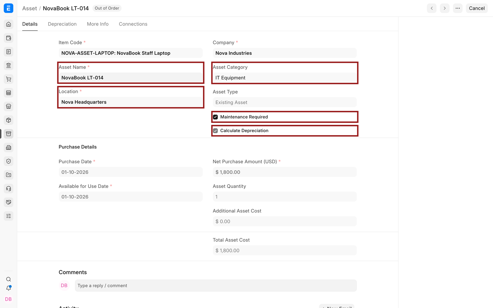 Asset selected before disposal through a Sales Invoice