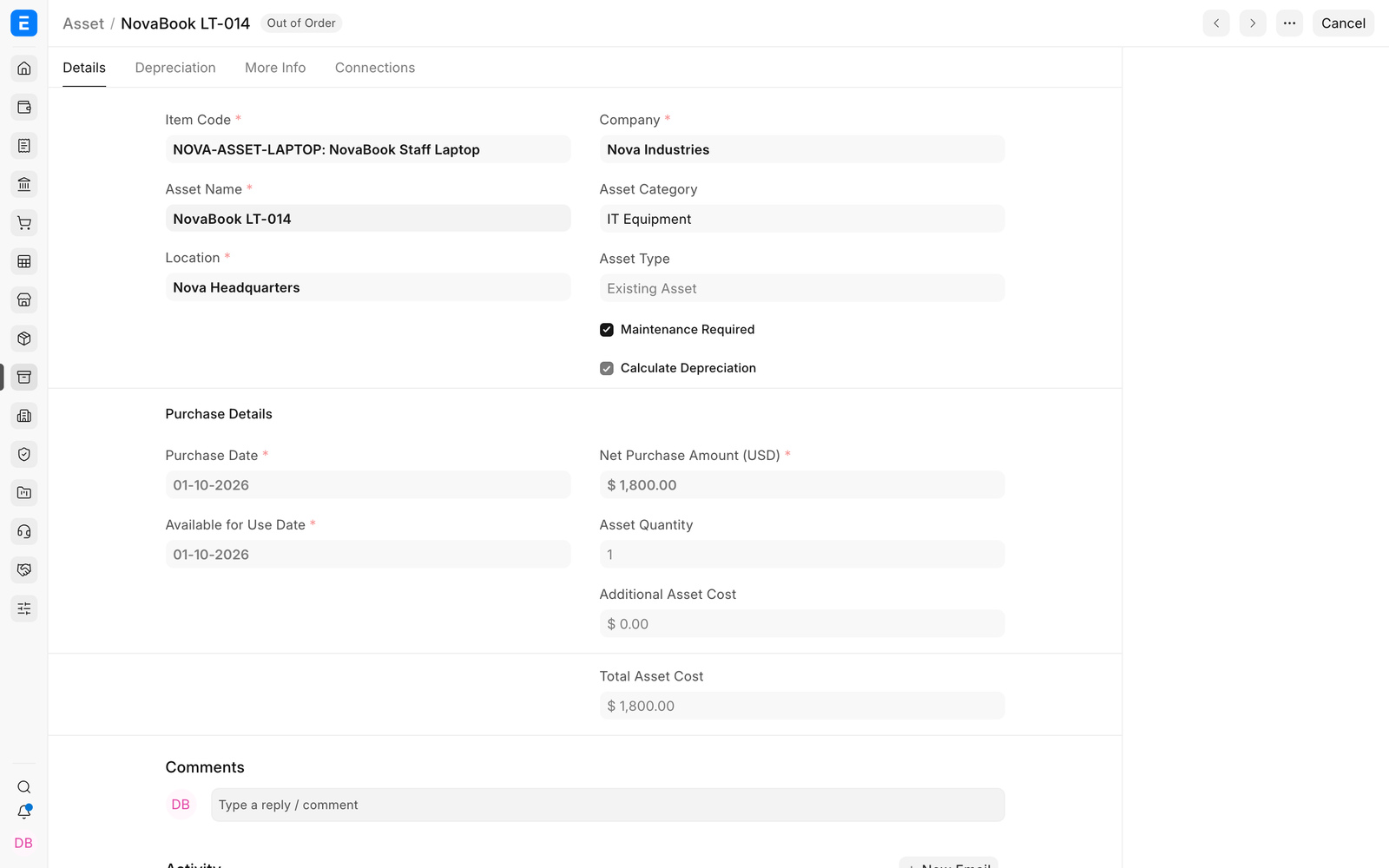 Finance Book rows on an EnigmaERP Asset