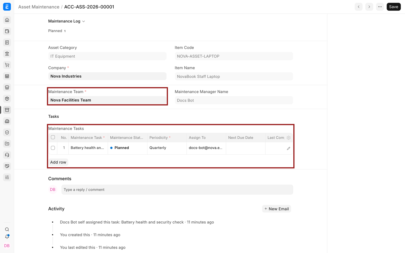 Maintenance plan linked to its recurring logs
