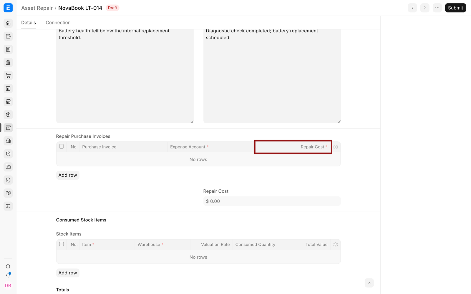 Repair cost and capitalization fields in EnigmaERP