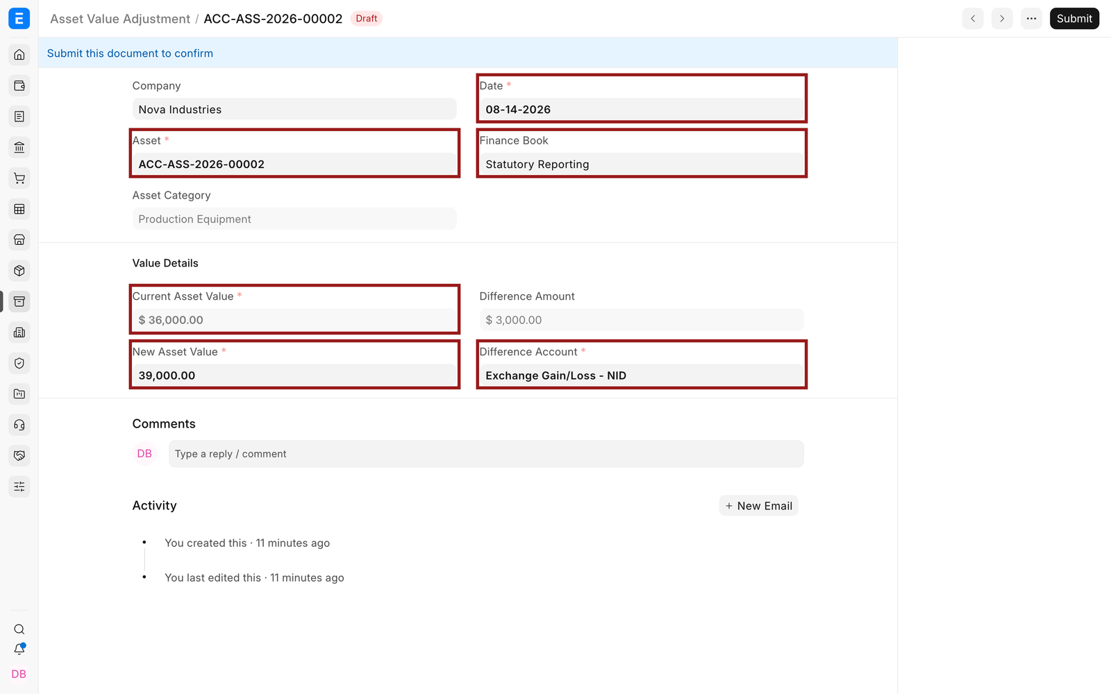 Asset Value Adjustment from 36000 to 39000