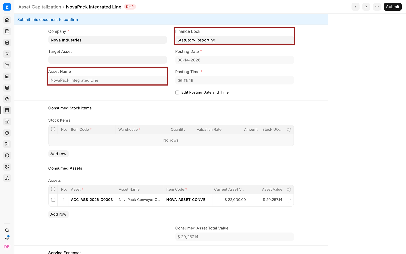 Target Asset details in EnigmaERP Asset Capitalization