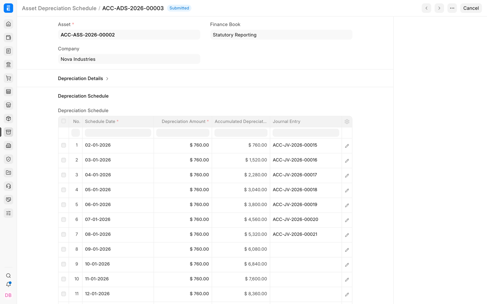 Submitted depreciation schedule with calculated amounts