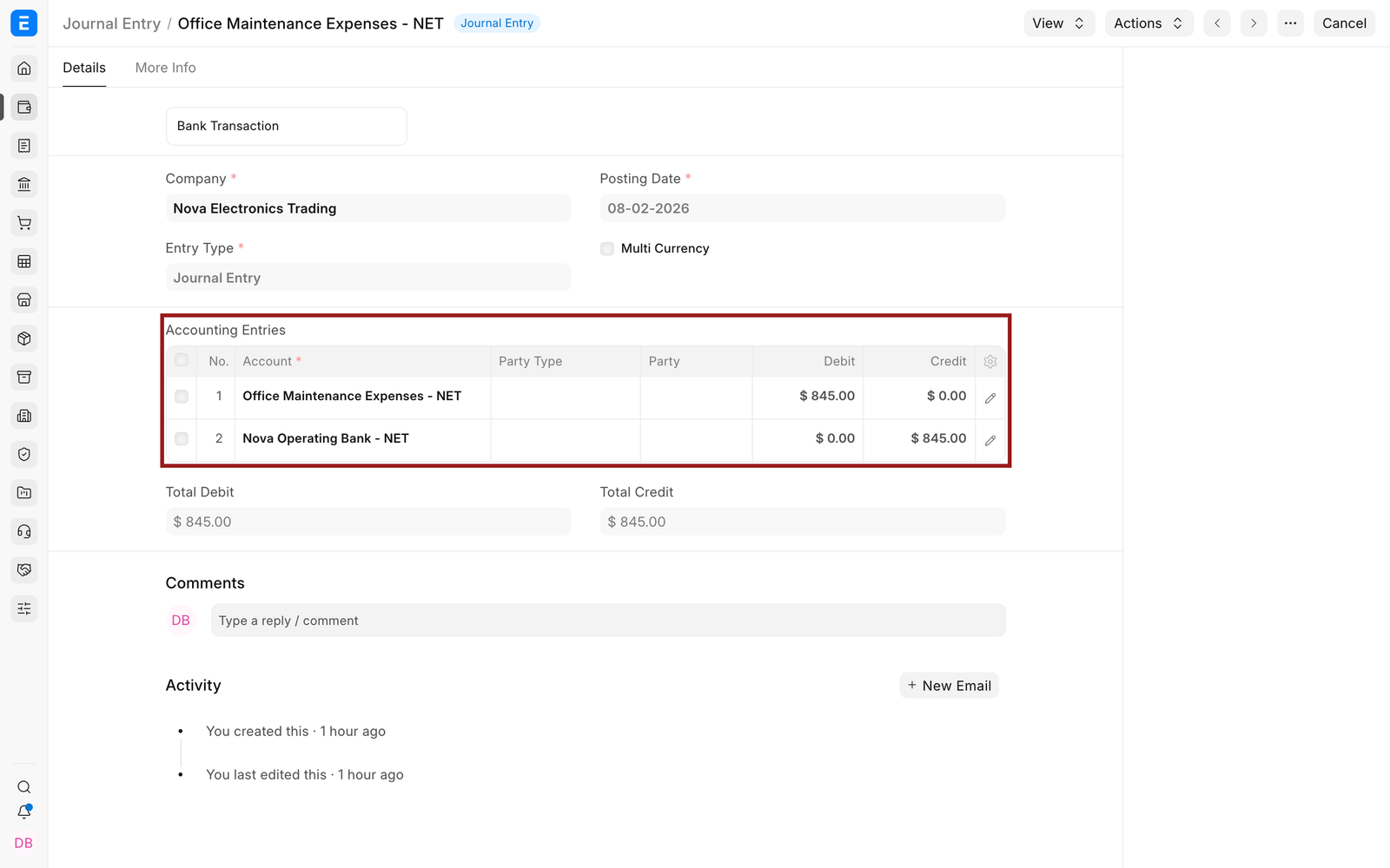 Operating expense recorded with a balanced Journal Entry