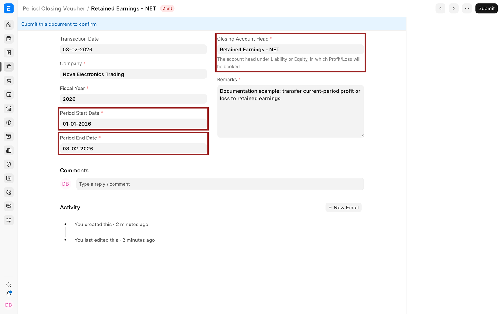 Period dates and Retained Earnings on an EnigmaERP Period Closing Voucher
