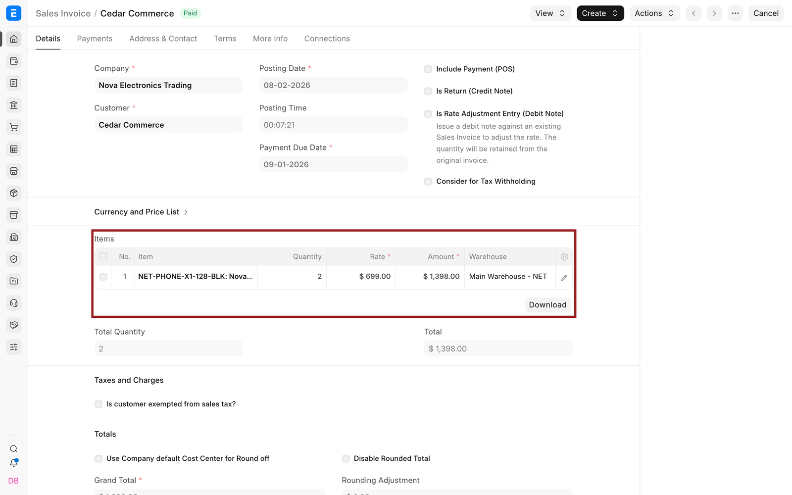 Inventory items on a submitted EnigmaERP Sales Invoice