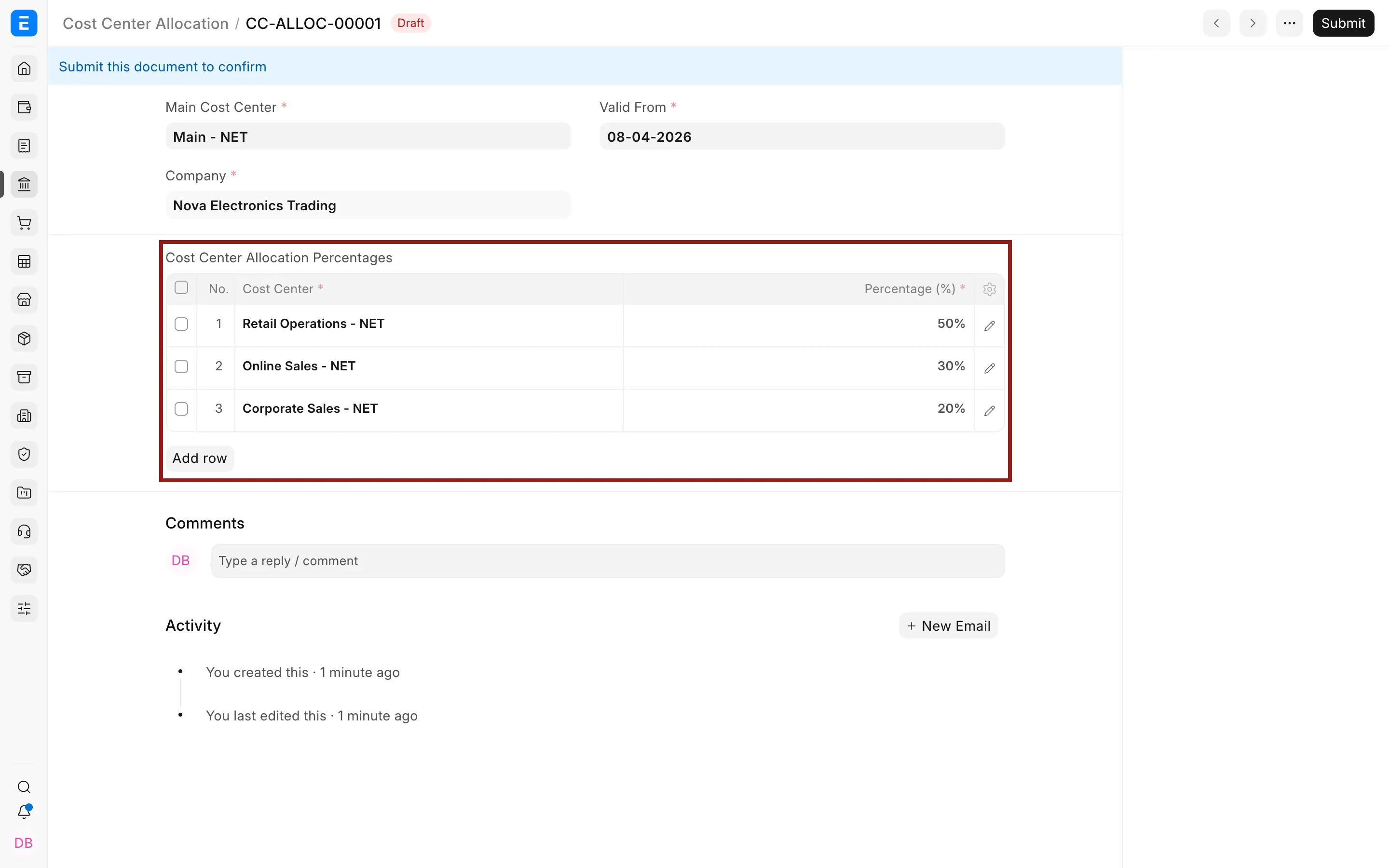 Cost centers and percentages in a Cost Center Allocation