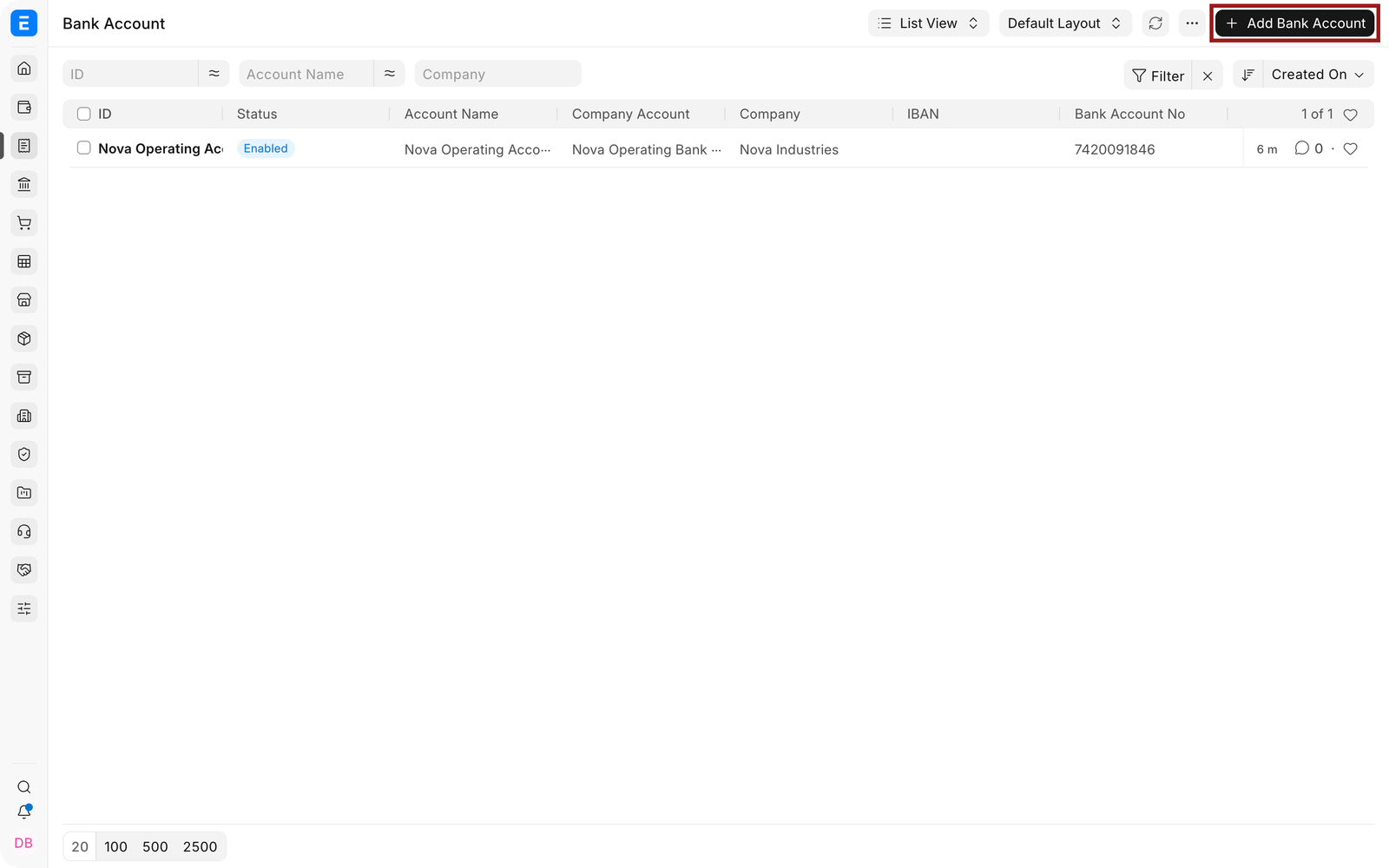 Bank Account list with Add Bank Account highlighted