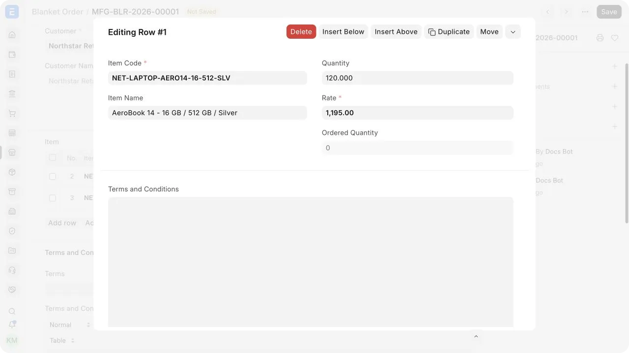 The Blanket Order item row with committed quantity, negotiated rate, ordered quantity, and item-specific terms.