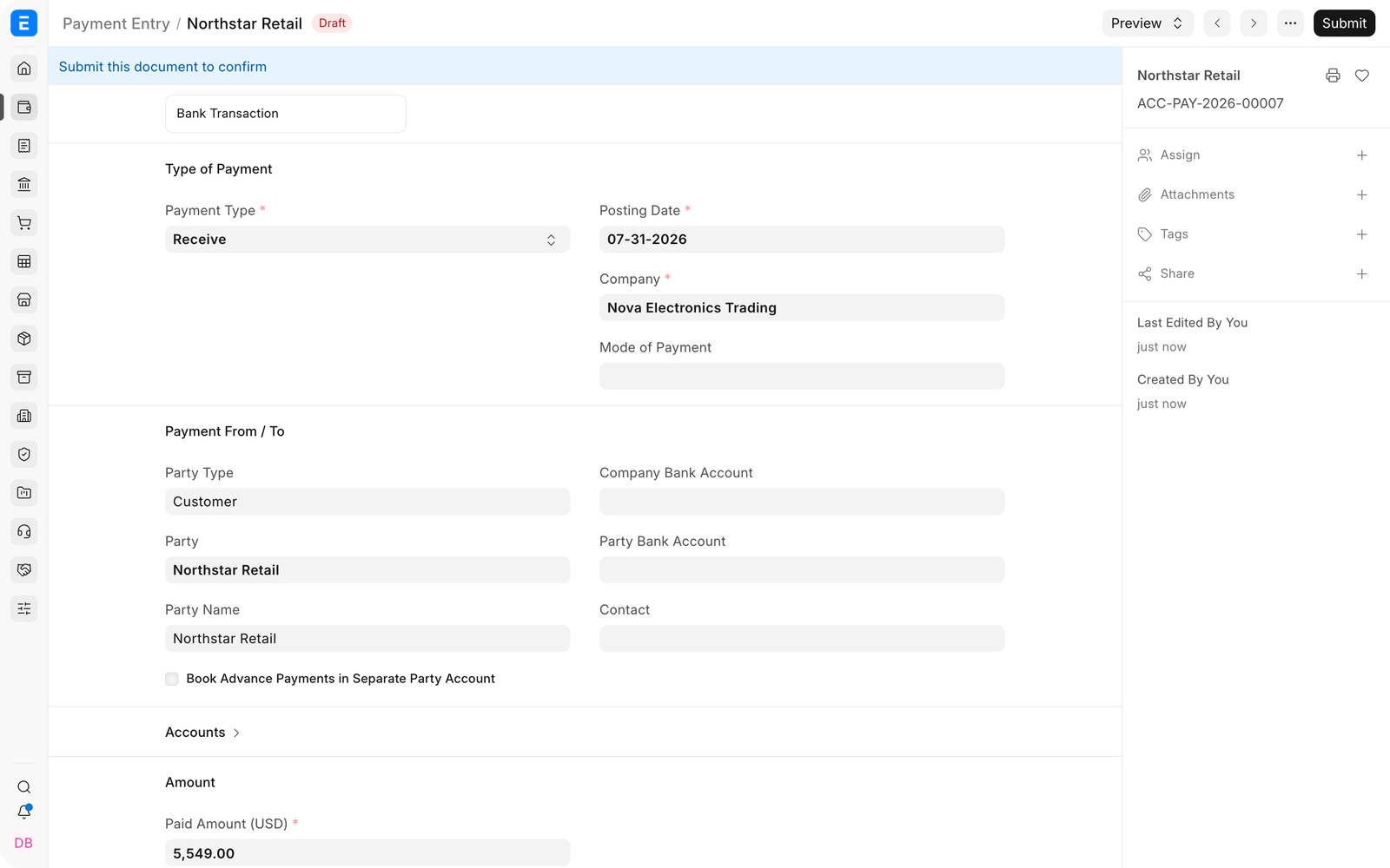 Receive Payment Entry for a bulk customer payment in EnigmaERP