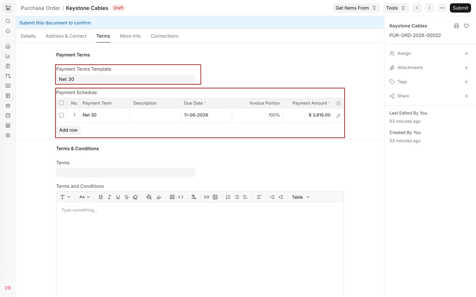 Purchase Order PUR-ORD-2026-00022 Terms tab with Payment Terms Template Net 30 and a payment schedule due 11-06-2026 highlighted