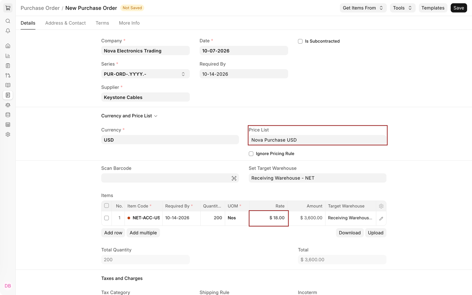 Purchase Order for Keystone Cables with the Price List Nova Purchase USD and the $18.00 rate highlighted