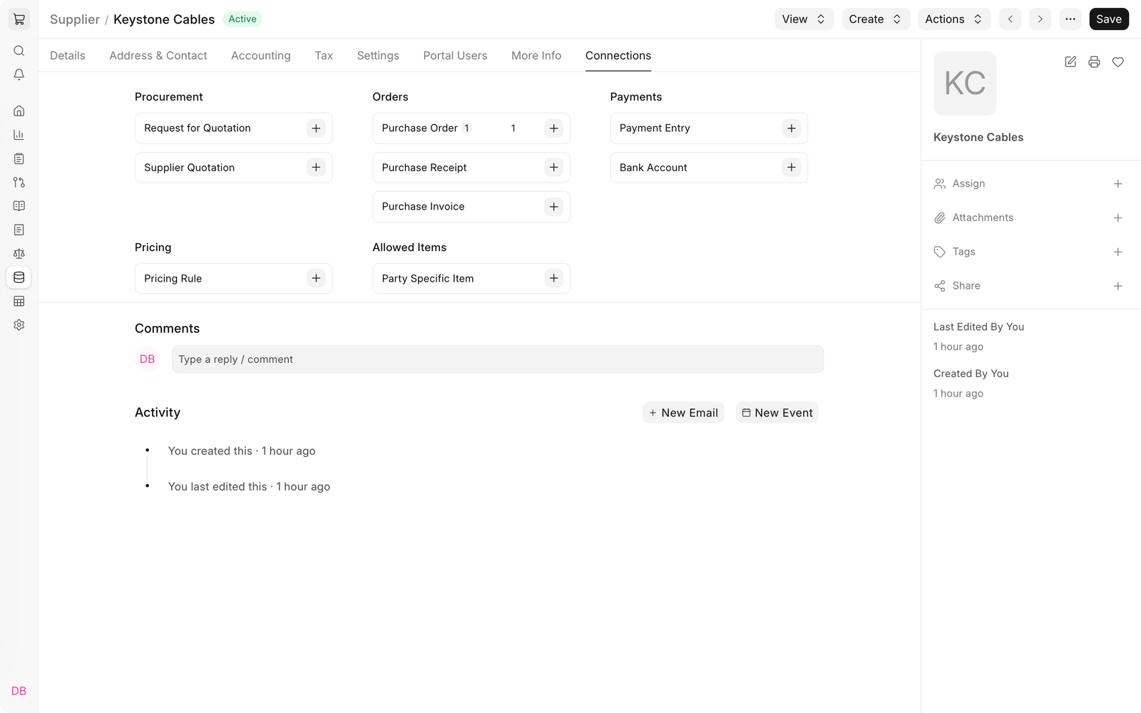Connections tab of Keystone Cables showing one Purchase Order