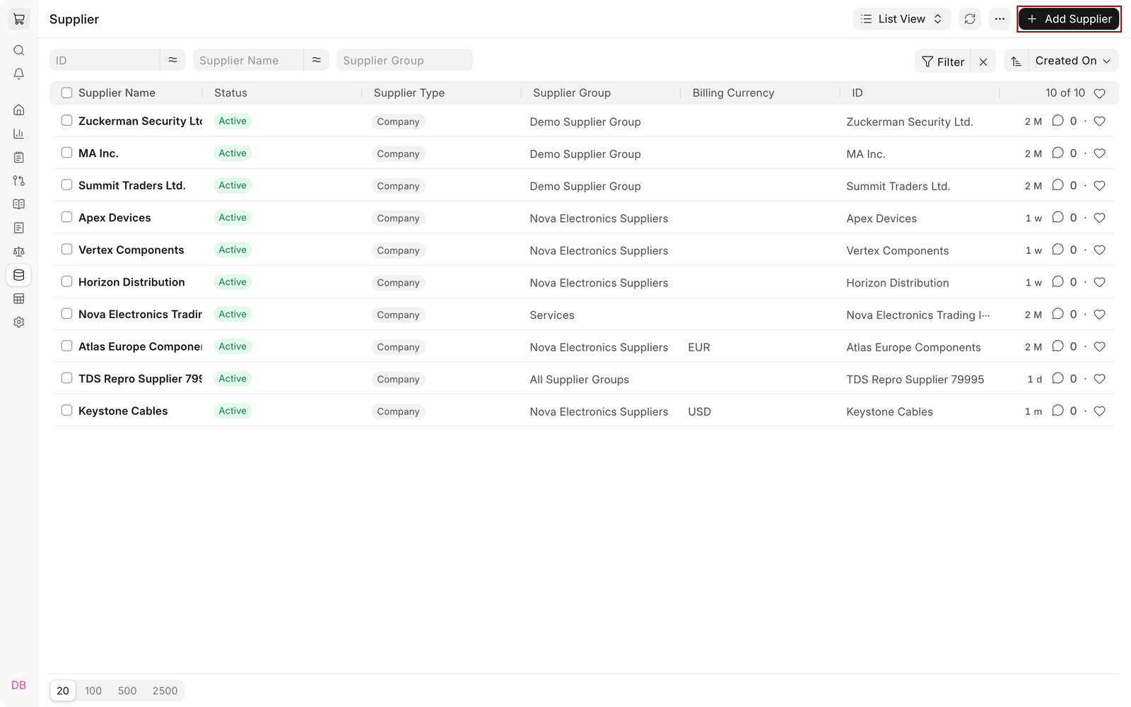 Supplier list on the Nova demo site with NET's suppliers and the Add Supplier button highlighted