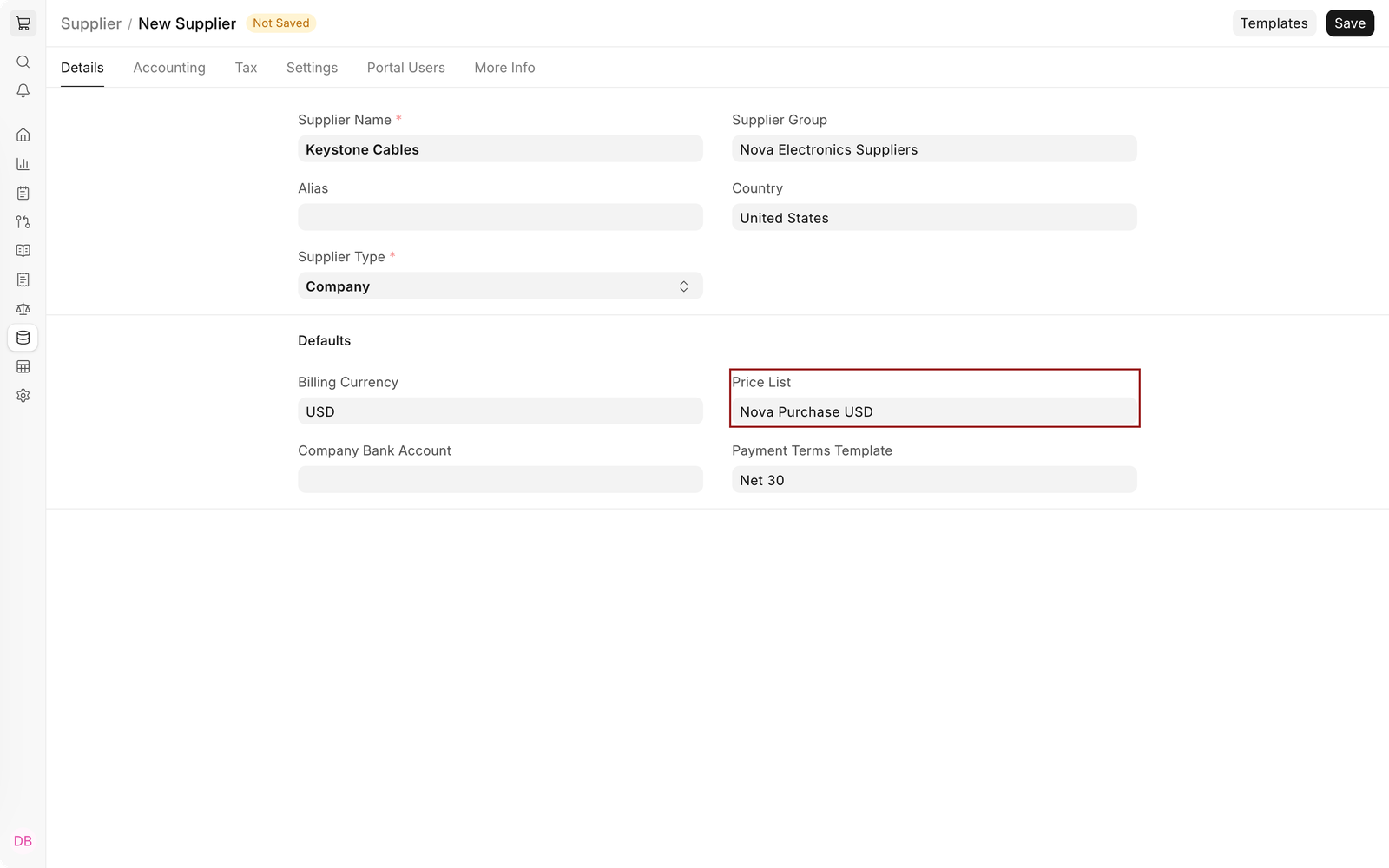 New Supplier form for Keystone Cables with the Price List set to Nova Purchase USD and highlighted