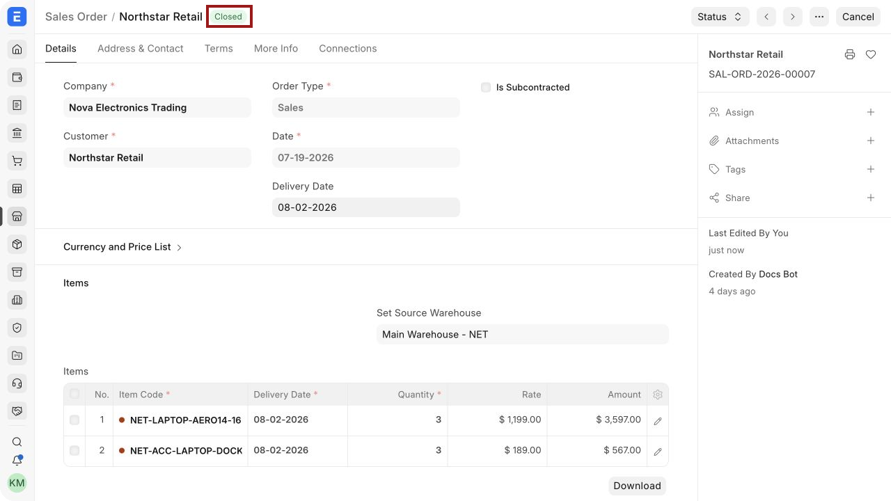 A closed Sales Order