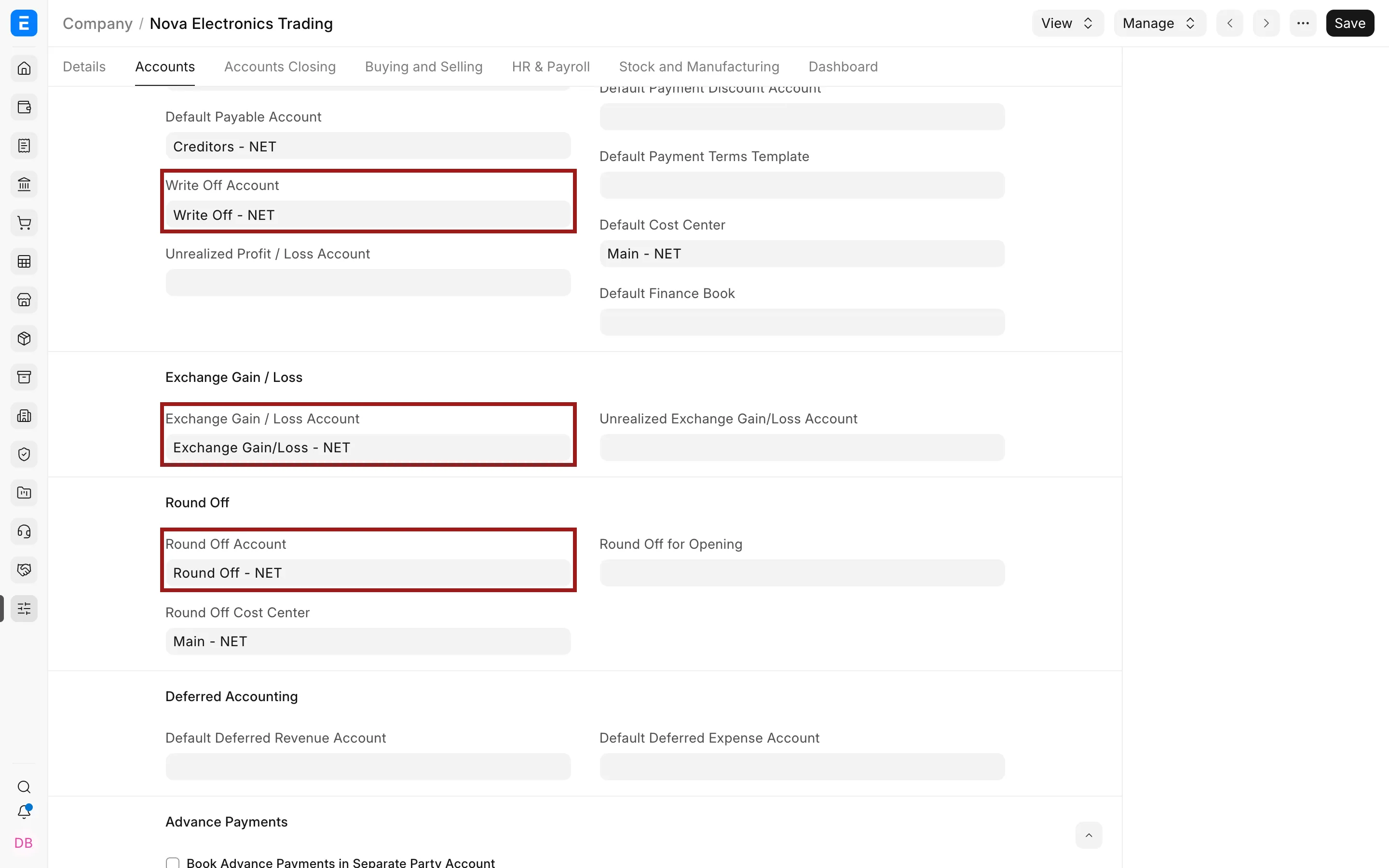 Company adjustment account defaults