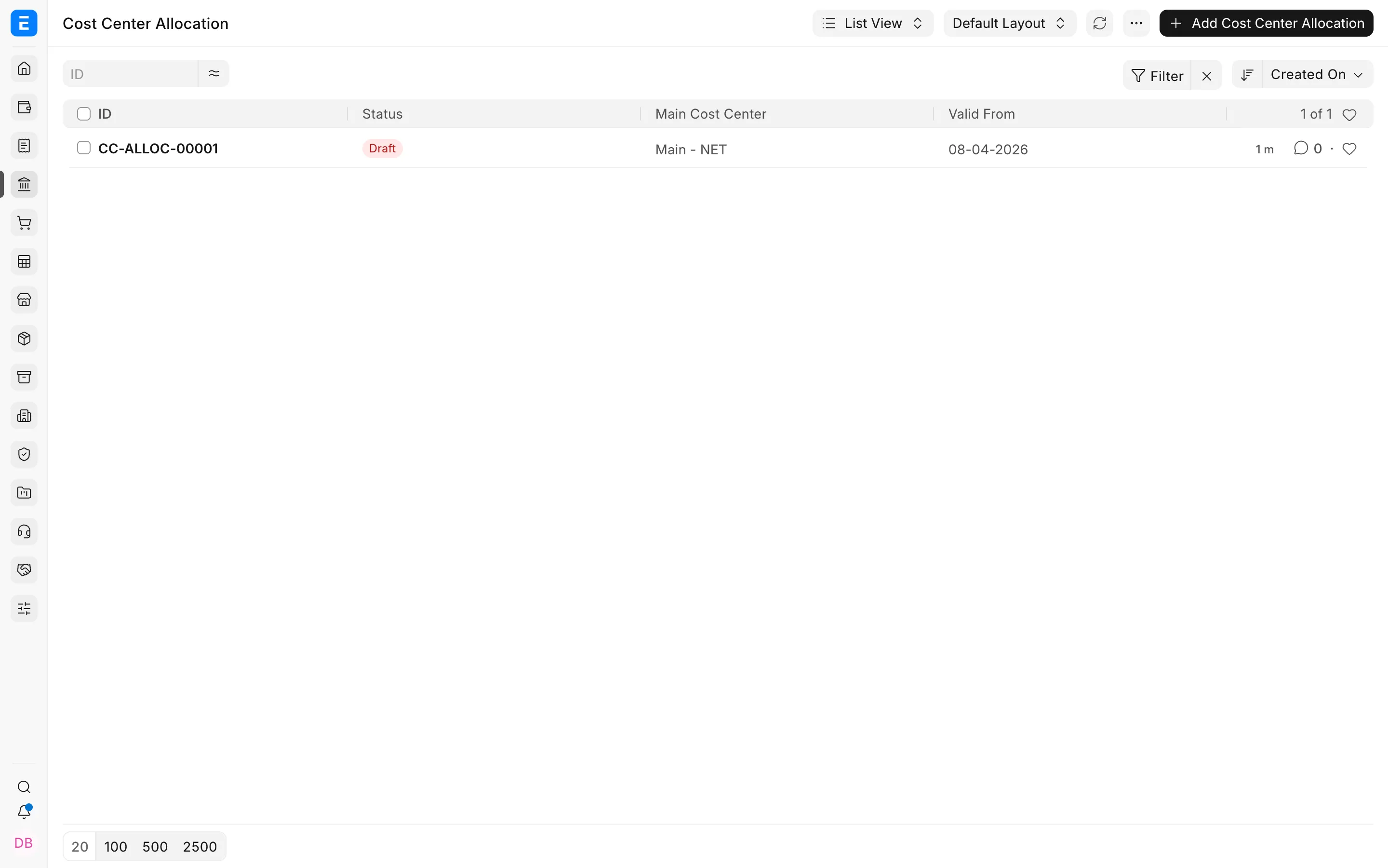 Cost Center Allocation list in EnigmaERP