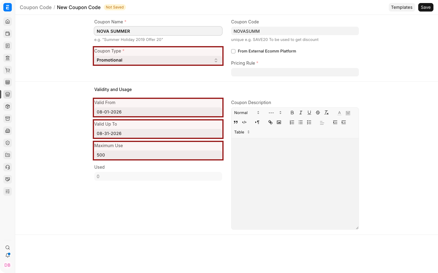 An EnigmaERP Coupon Code with type, Pricing Rule, dates, and usage limit.