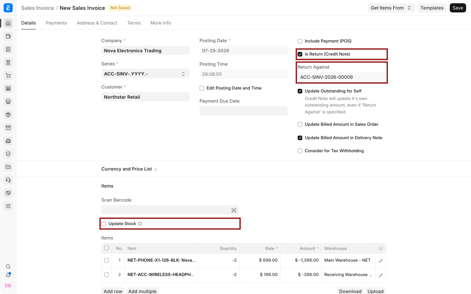 Credit Note with the return reference and Update Stock setting