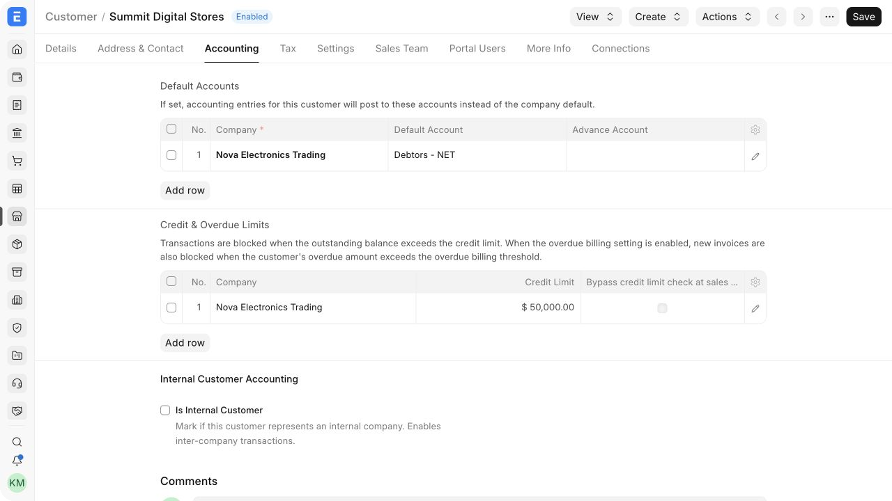Company receivable account and Customer credit limit.