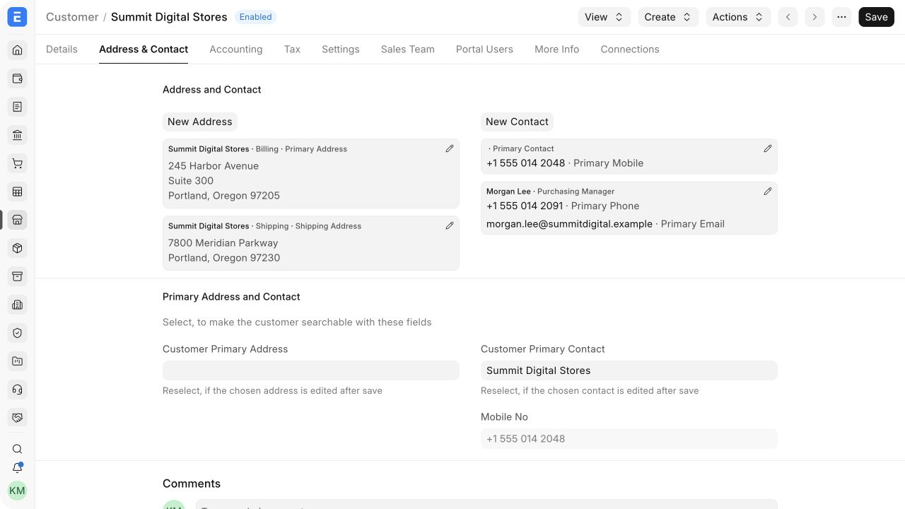 Formatted billing and shipping Addresses shown on a Customer.