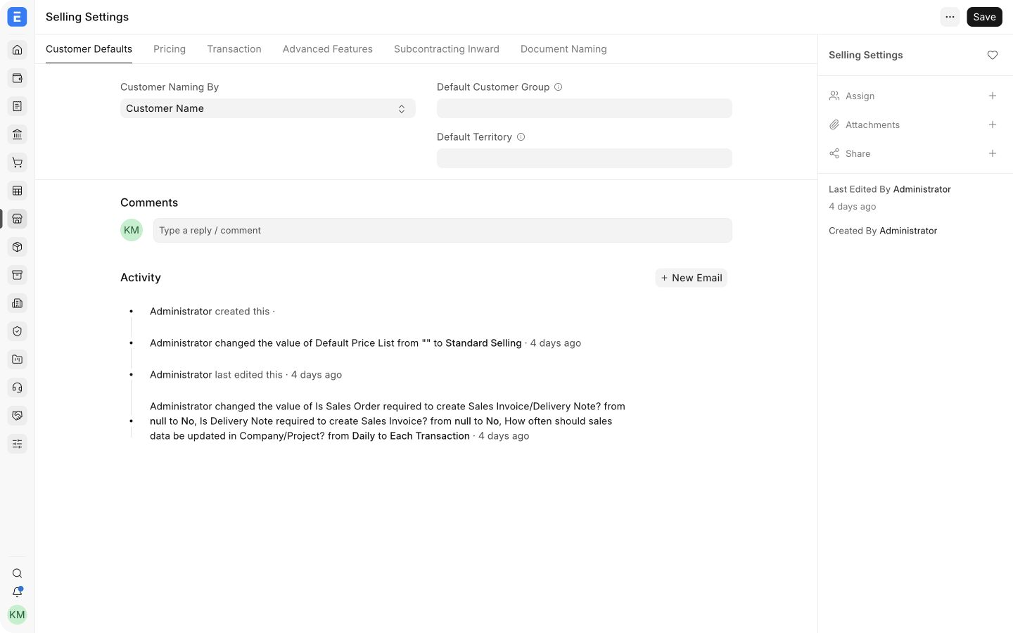 Customer Defaults tab in EnigmaERP Selling Settings