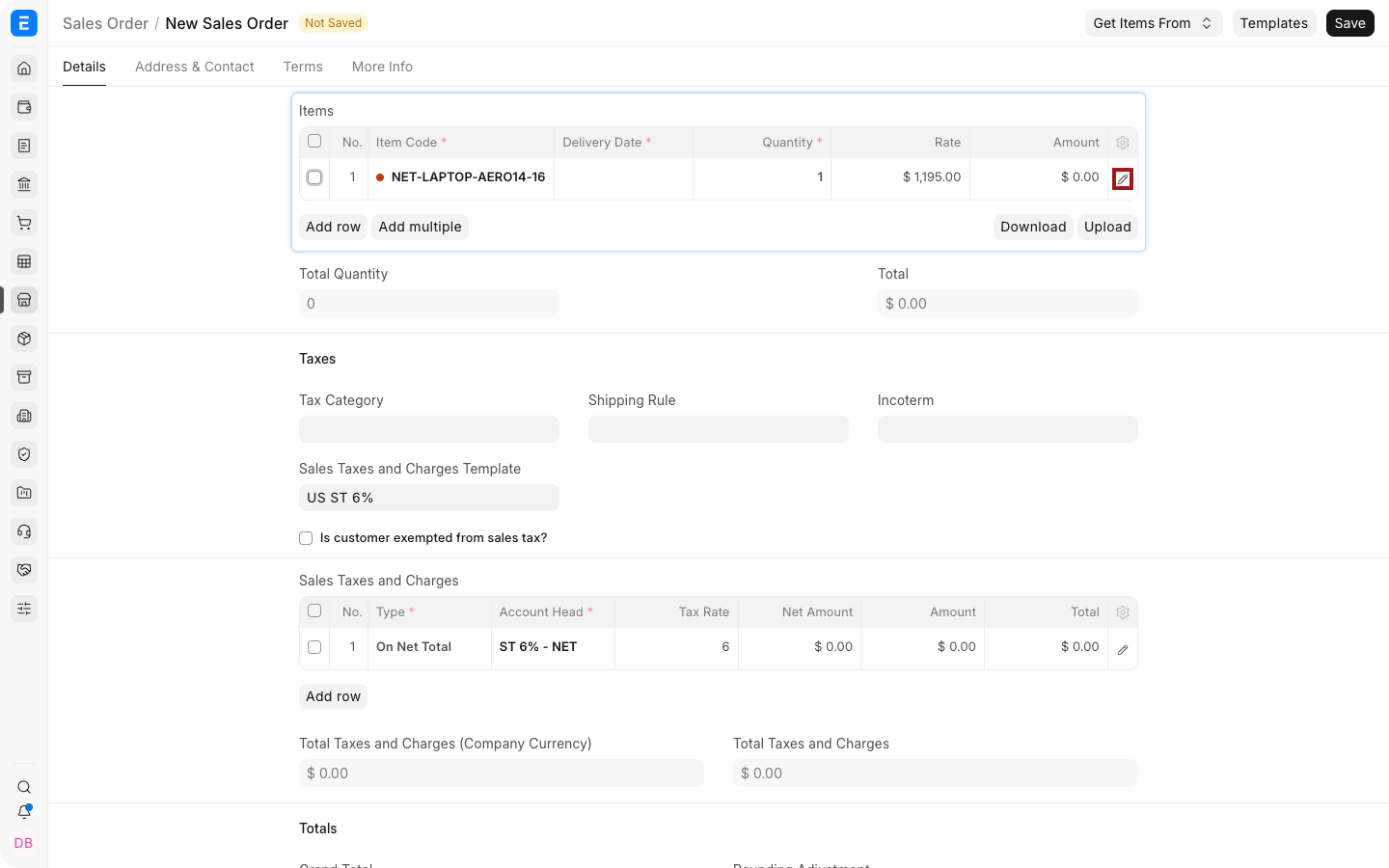 A Sales Order item row with its pencil icon highlighted.