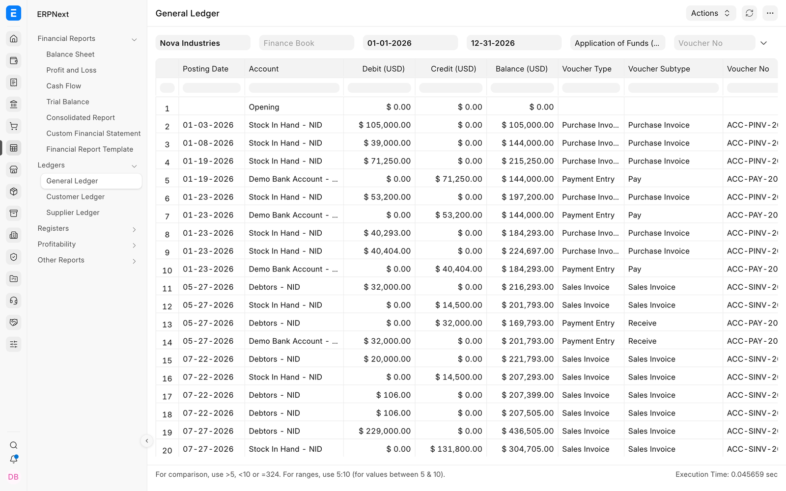 General Ledger drill-down opened from a Balance Sheet account