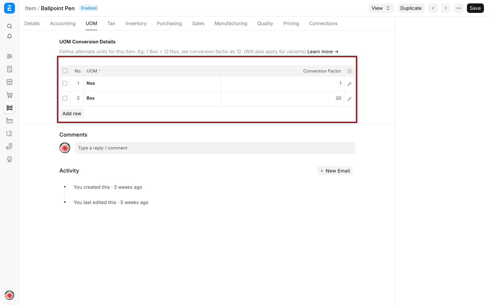 Item master showing Stock UOM Nos, Purchase UOM Box, and conversion factor 20