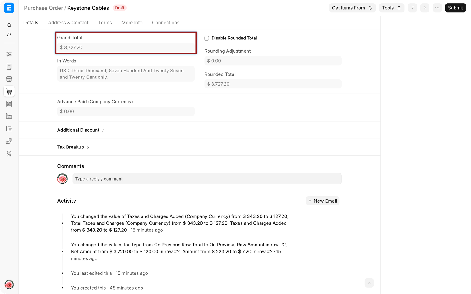 Freight charge, tax amount, Grand Total, and valuation amount highlighted