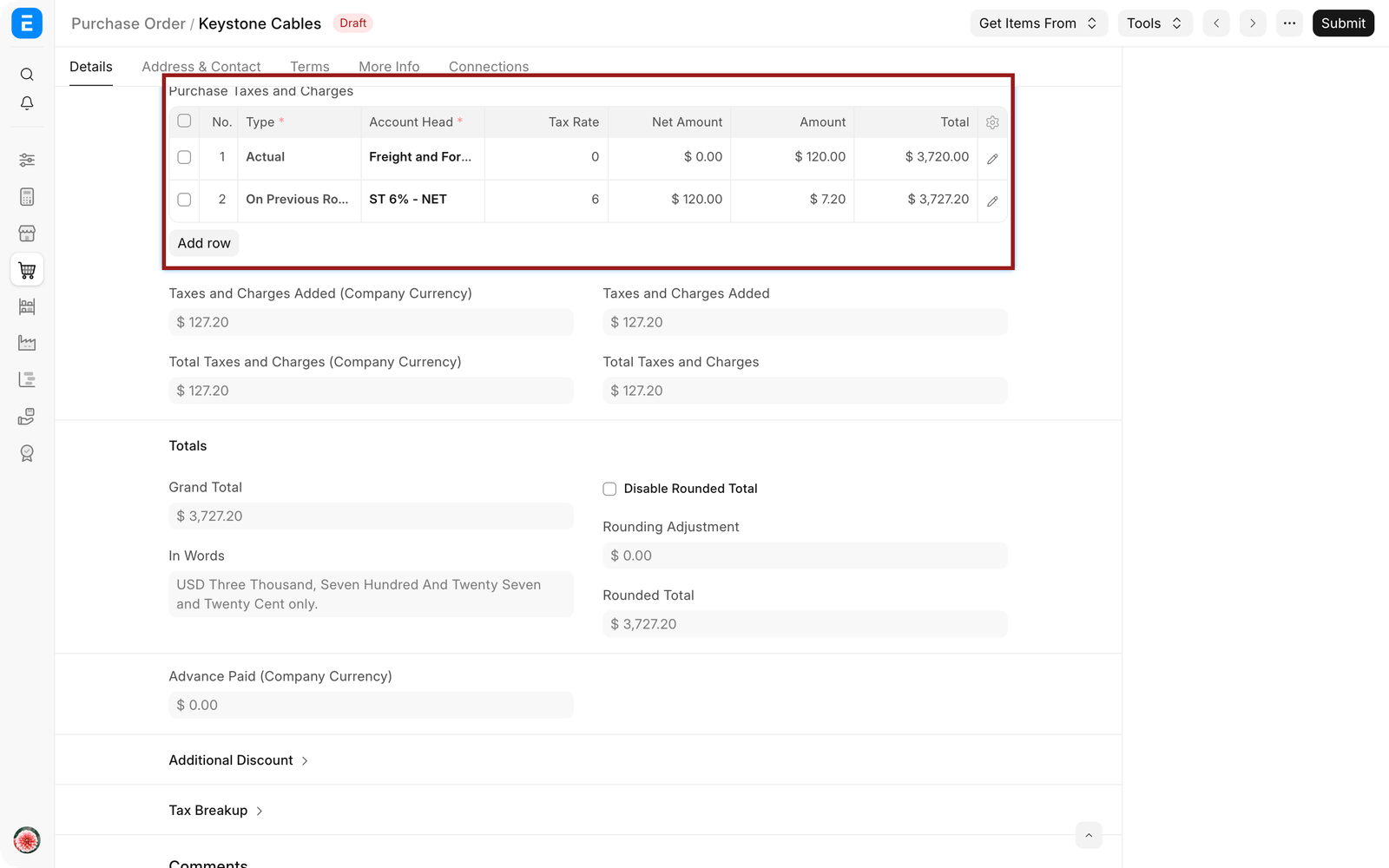 Purchase Taxes and Charges table showing the freight row and tax calculated on that row