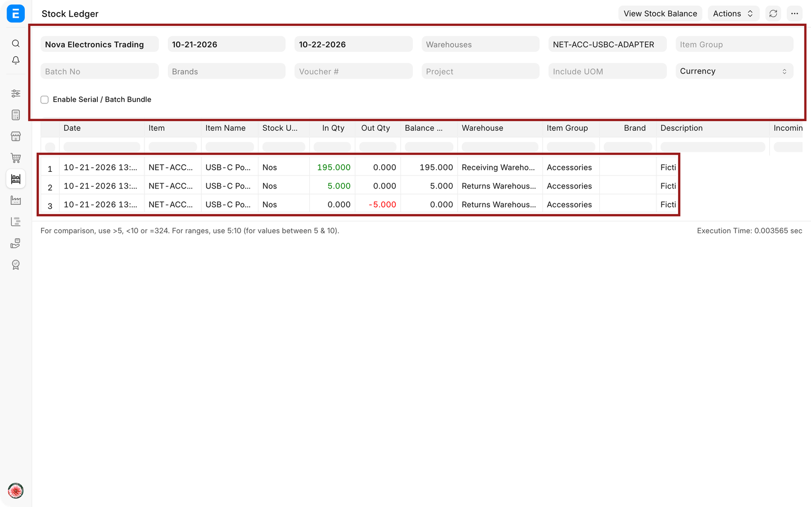 Stock Ledger for the submitted Purchase Receipt showing accepted and rejected movements