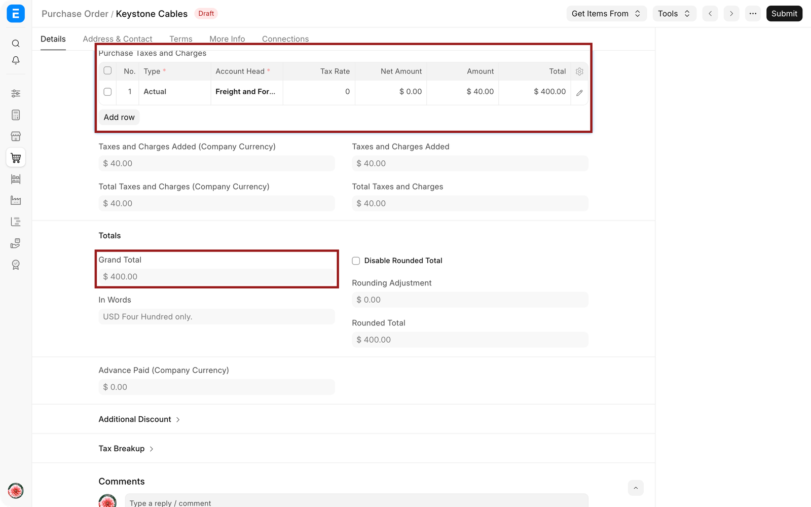Purchase Order showing the selected Shipping Rule and fetched shipping charge