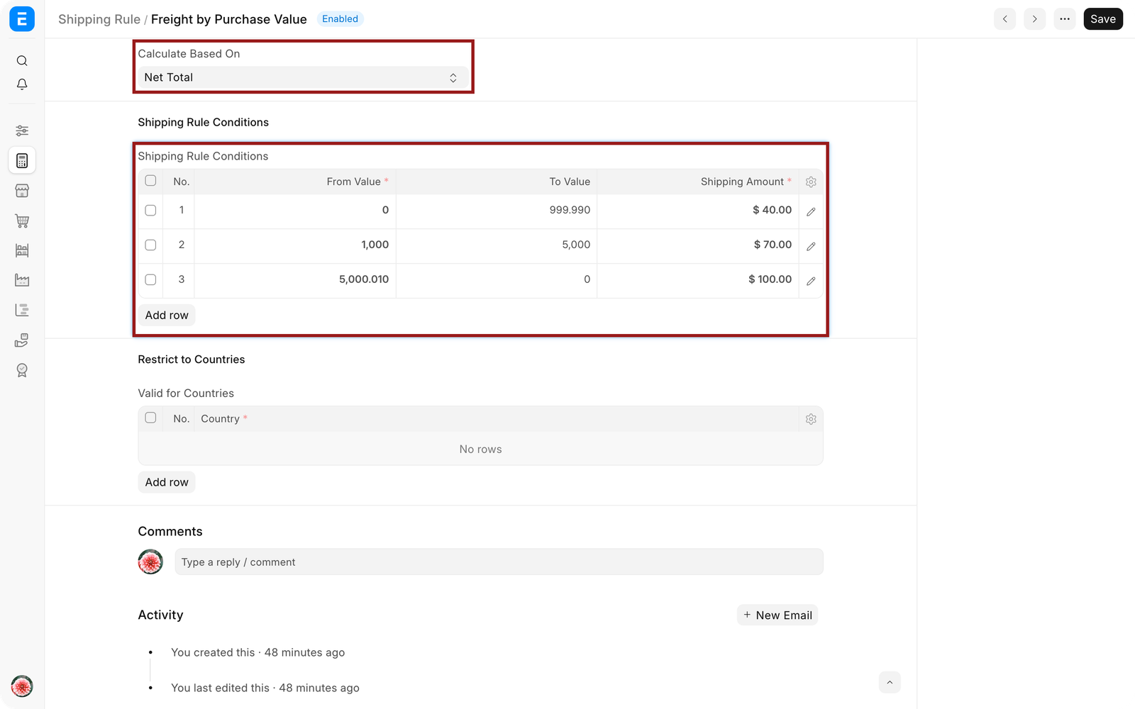 Shipping Rule showing Net Total basis and value ranges
