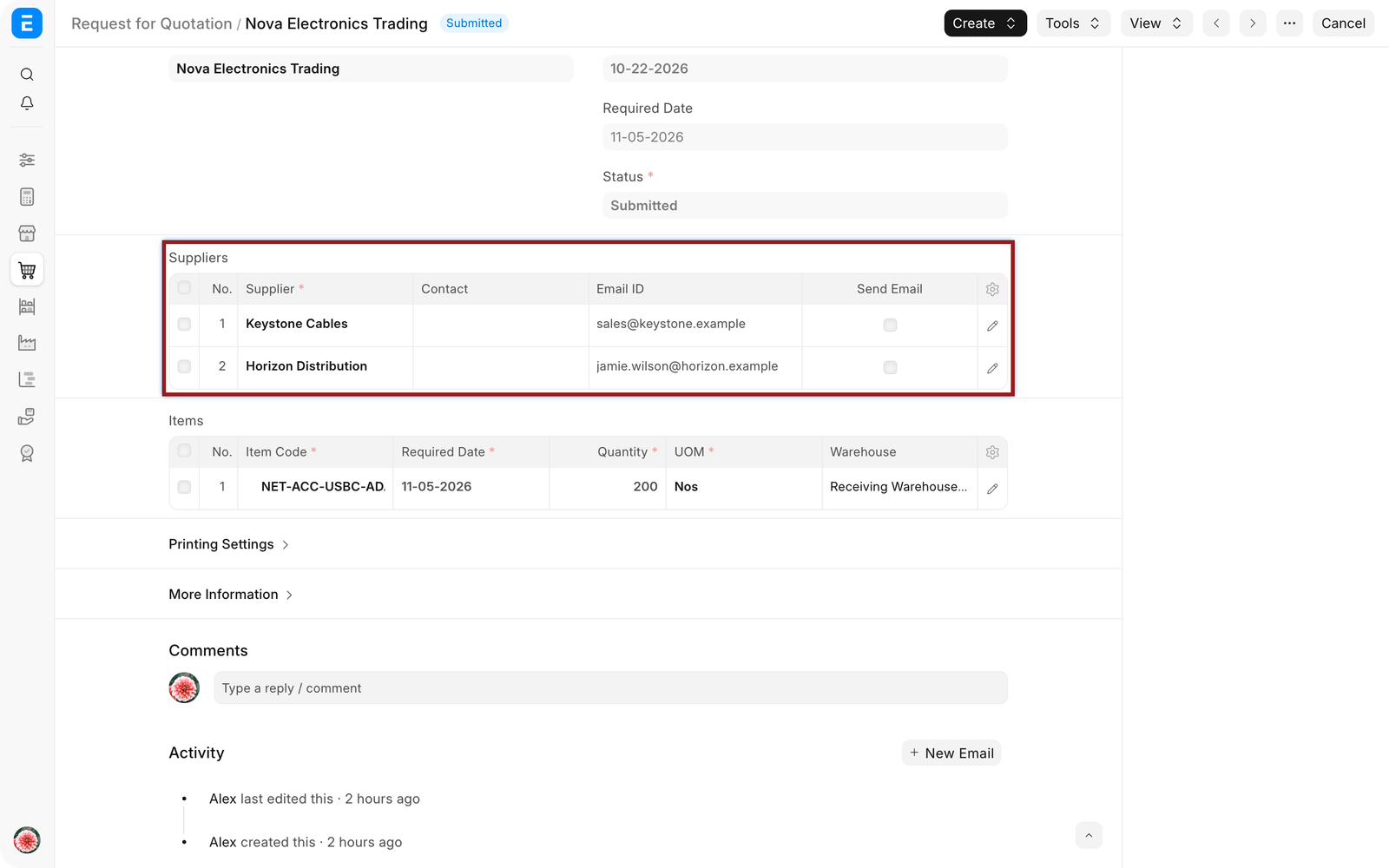 Request for Quotation showing the supplier and linked contact used for portal access