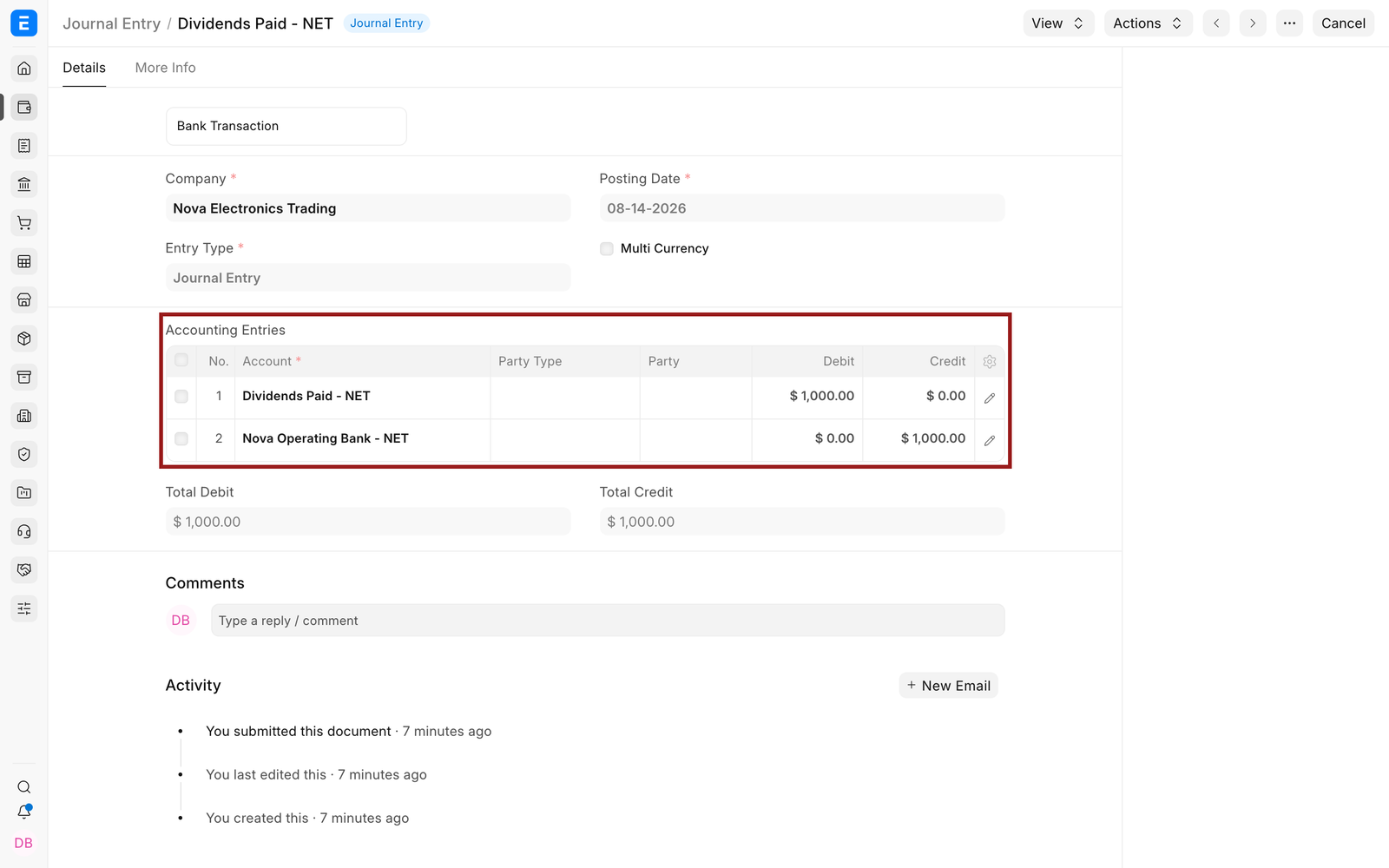Submitted owner withdrawal Journal Entry debiting Dividends Paid and crediting Nova Operating Bank