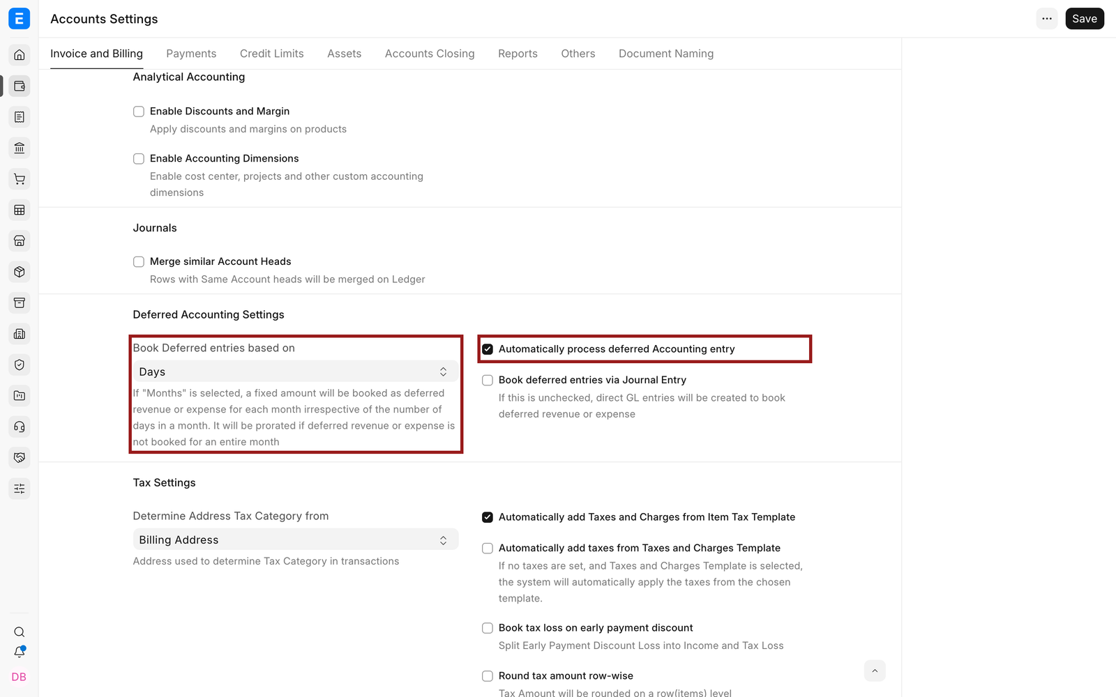 Deferred accounting settings