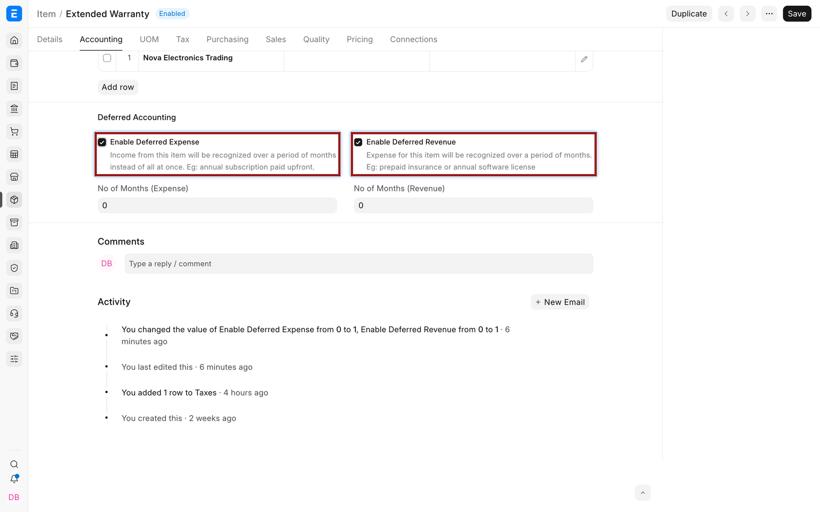 Enable deferred accounting on the Item