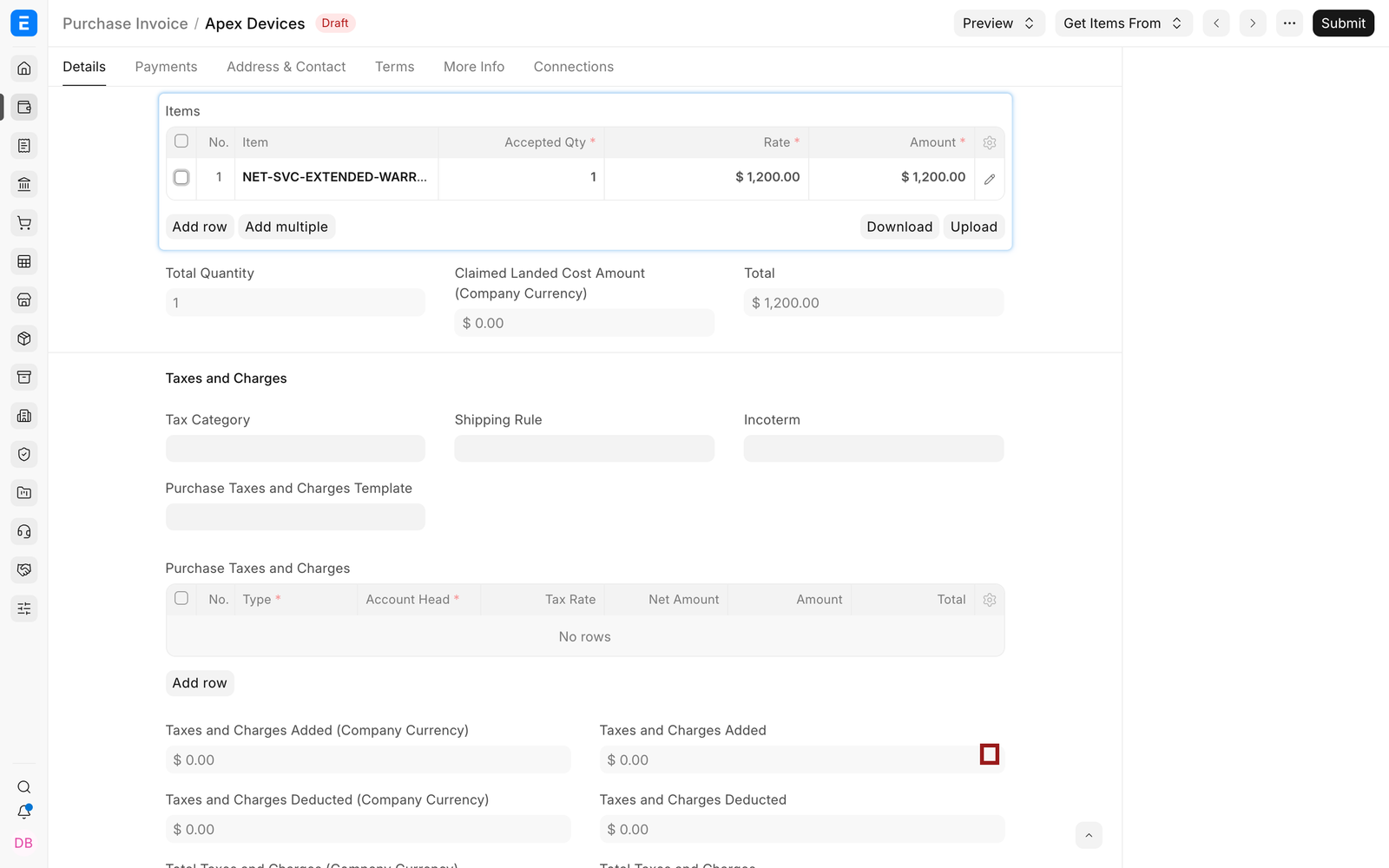Open the Purchase Invoice Item row