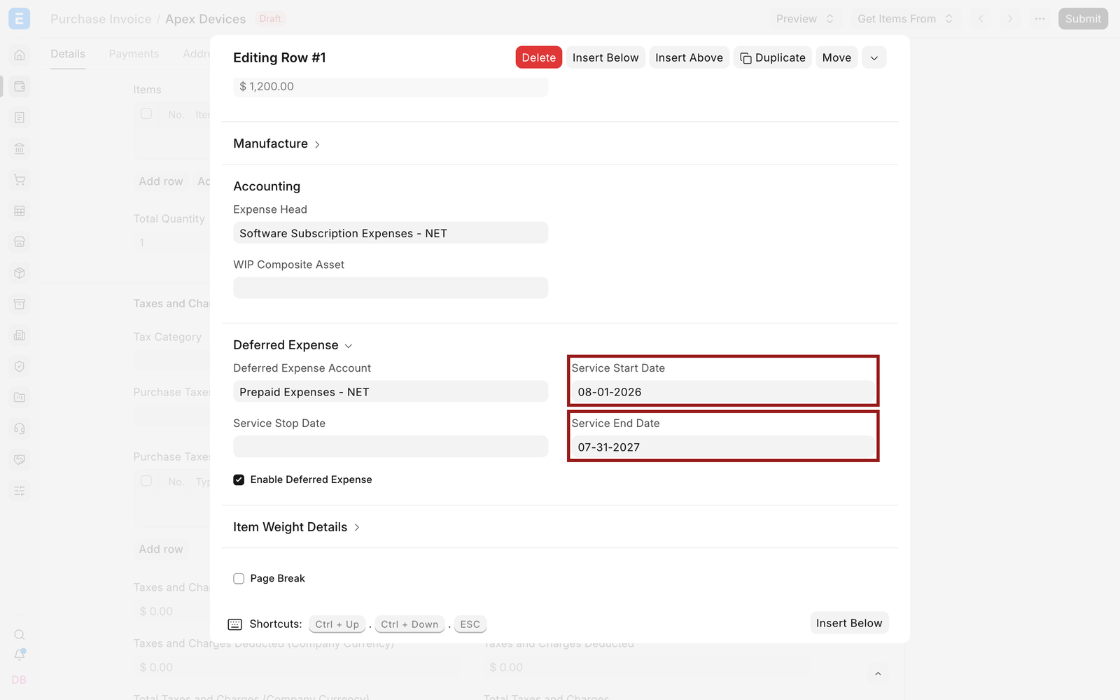 Deferred expense account and service period