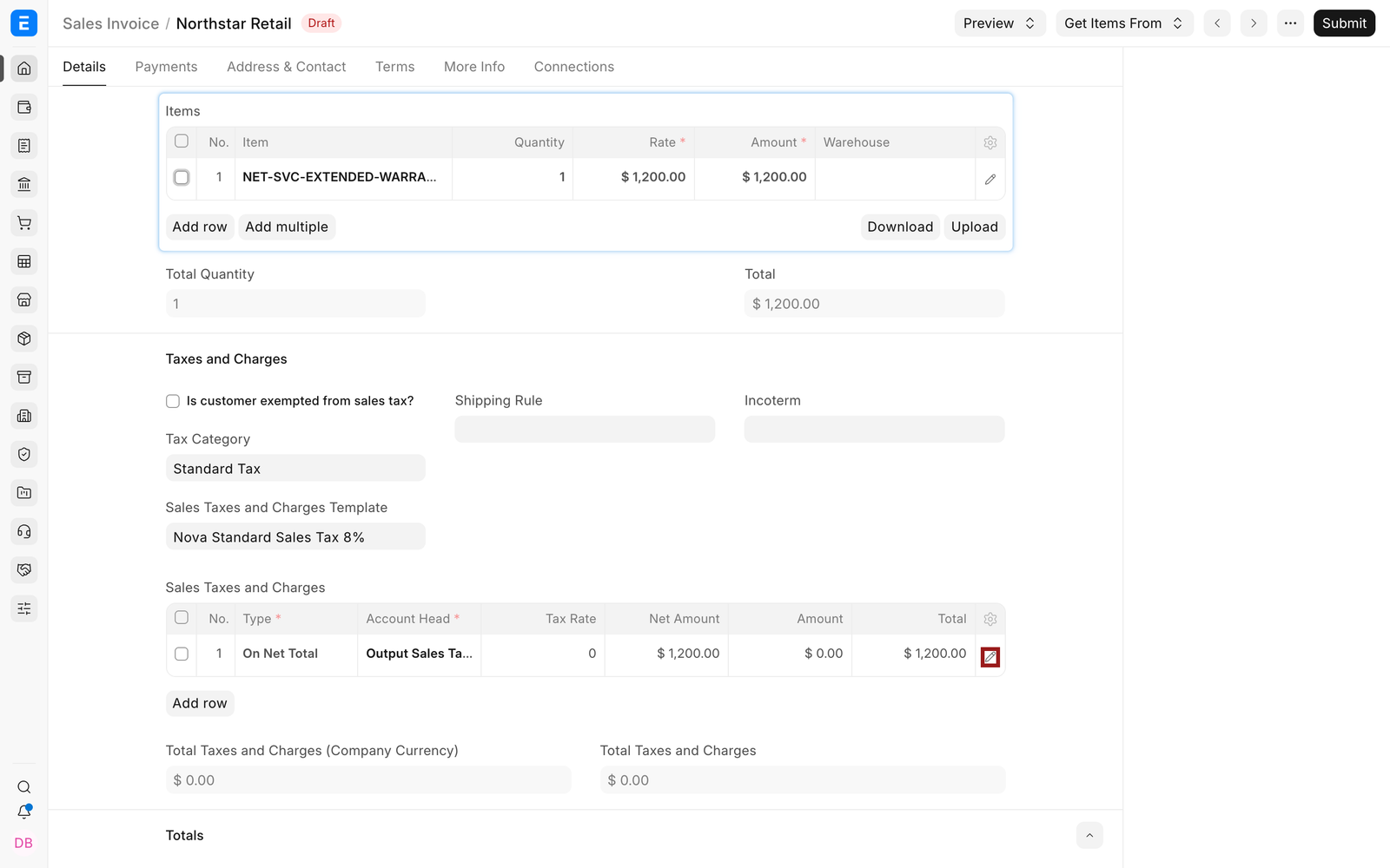 Open the Sales Invoice Item row to review deferred accounting fields