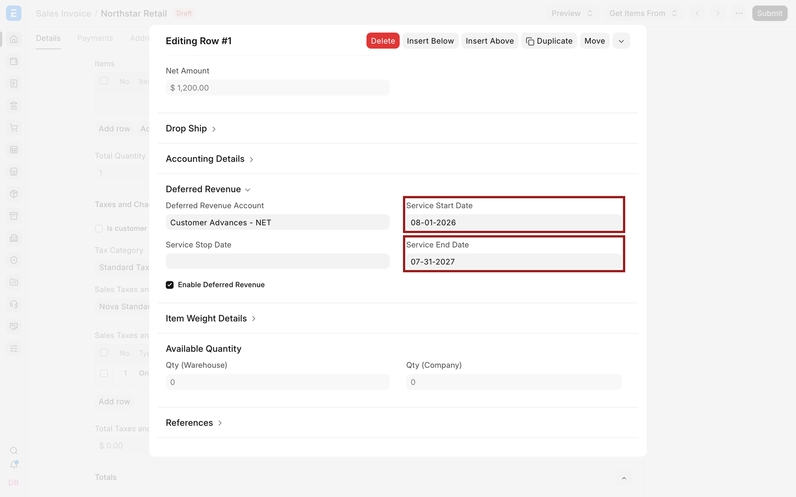 Deferred revenue account and service period on a Sales Invoice Item