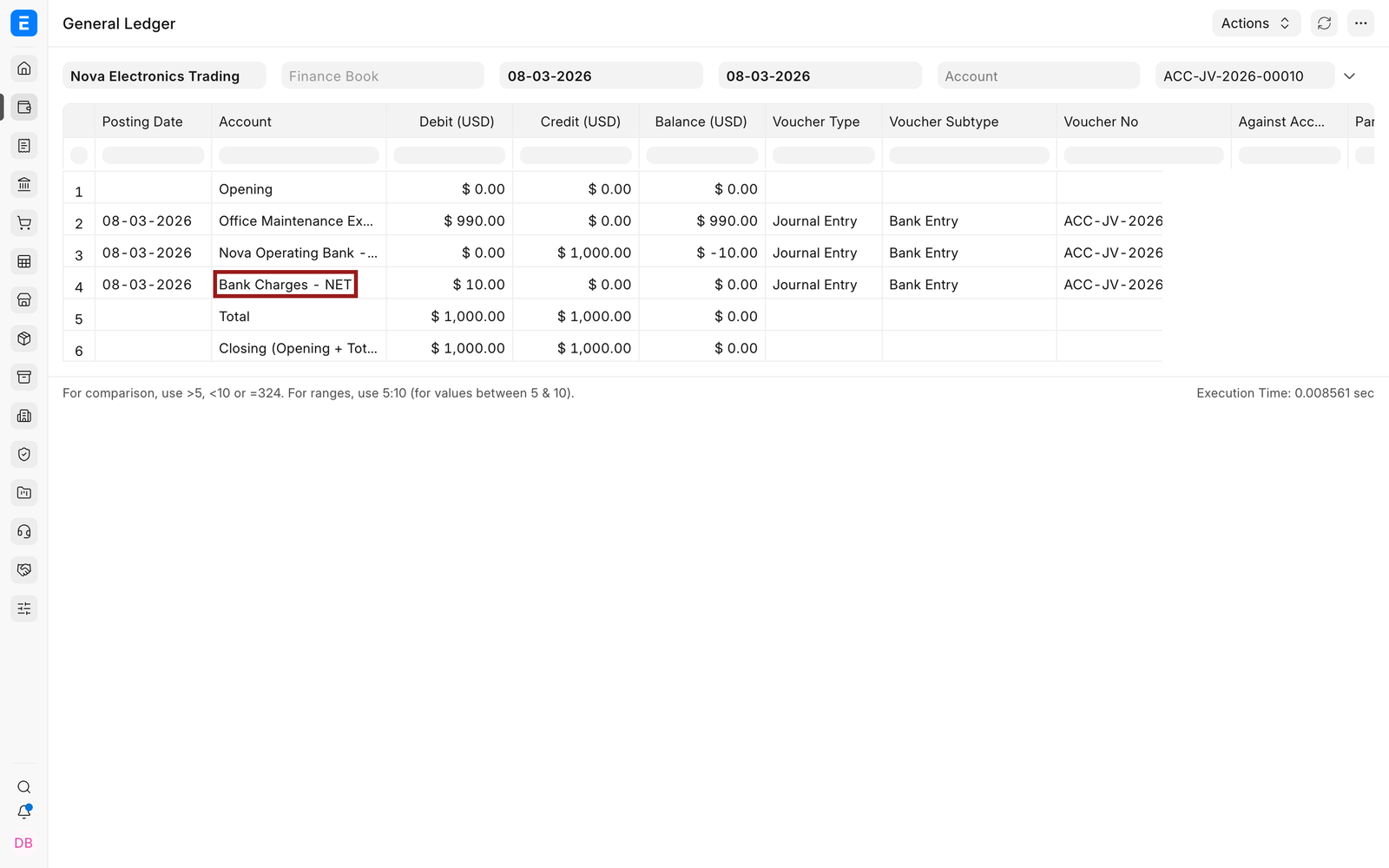 General Ledger showing the Bank Charges difference entry